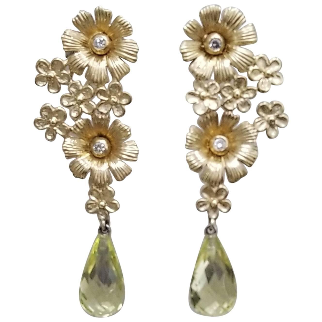 "Gresha" 14k Yellow Gold Flower & Diamond Earrings w Citrine Briolette Cut Drops For Sale