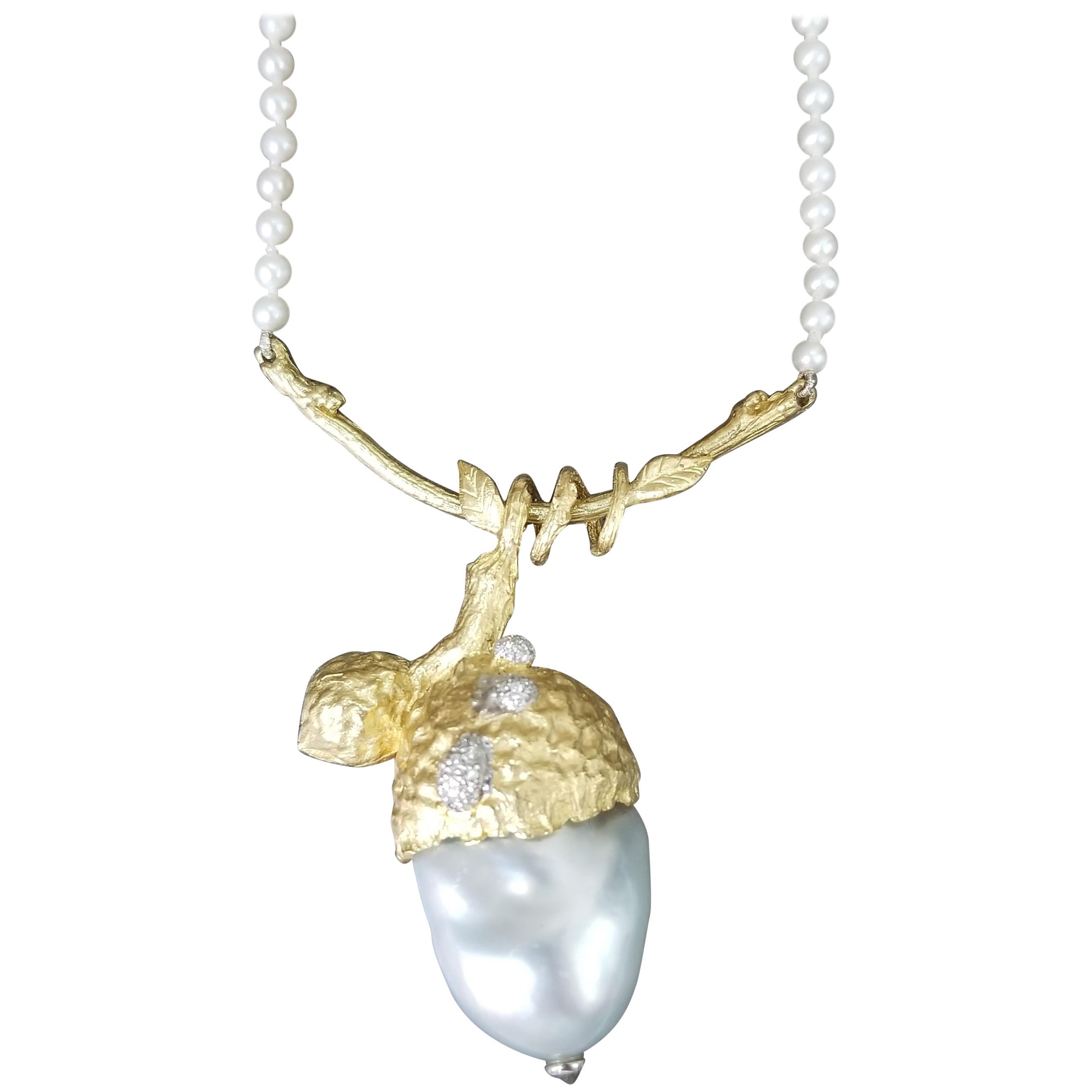 "Gresha" 18 Karat Yellow Gold and South Sea Biwa Pearl Pendant For Sale