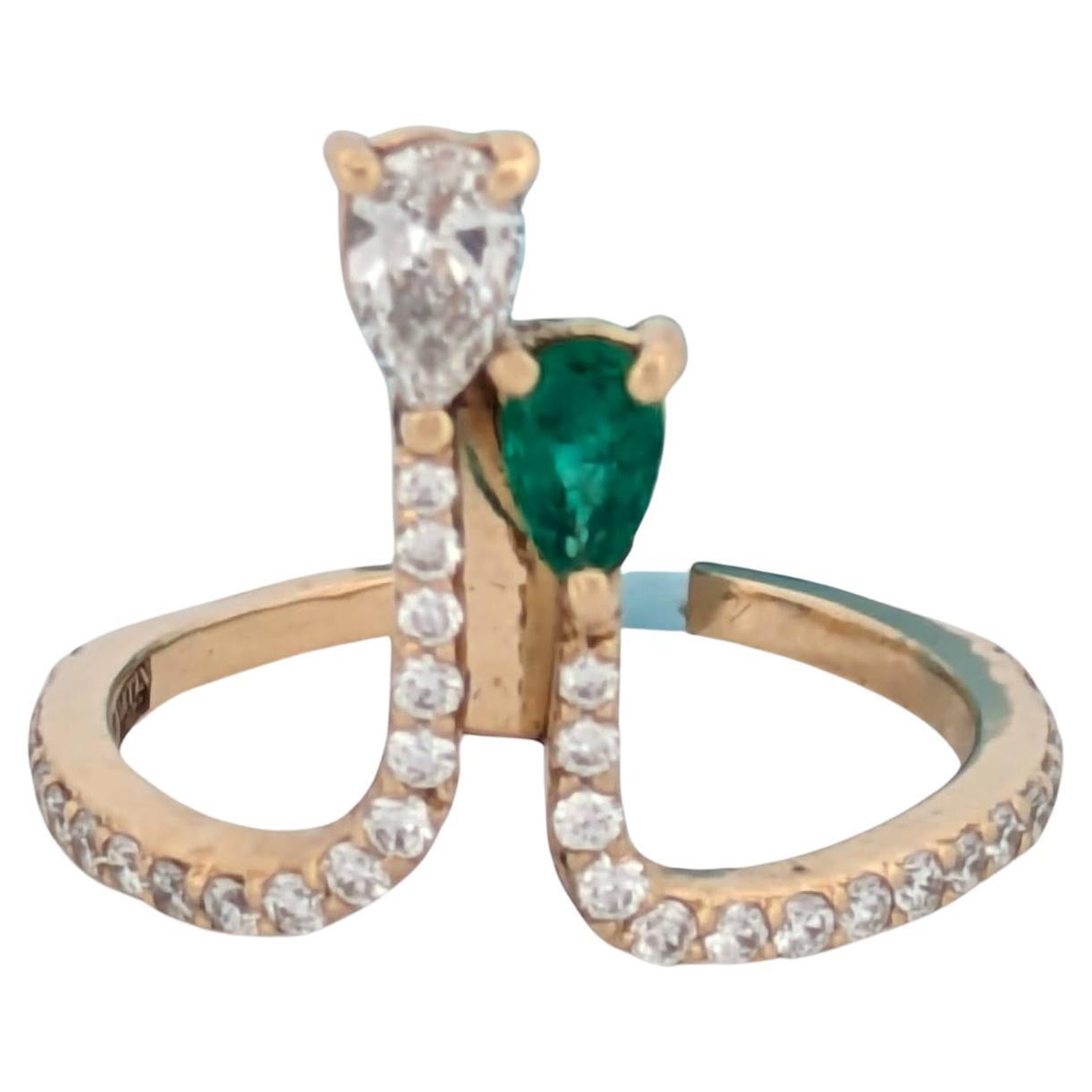 Greta 14k Yellow Gold Emerald Ring 1/4 ct Teardrop Diamond Emerald Paved For Sale