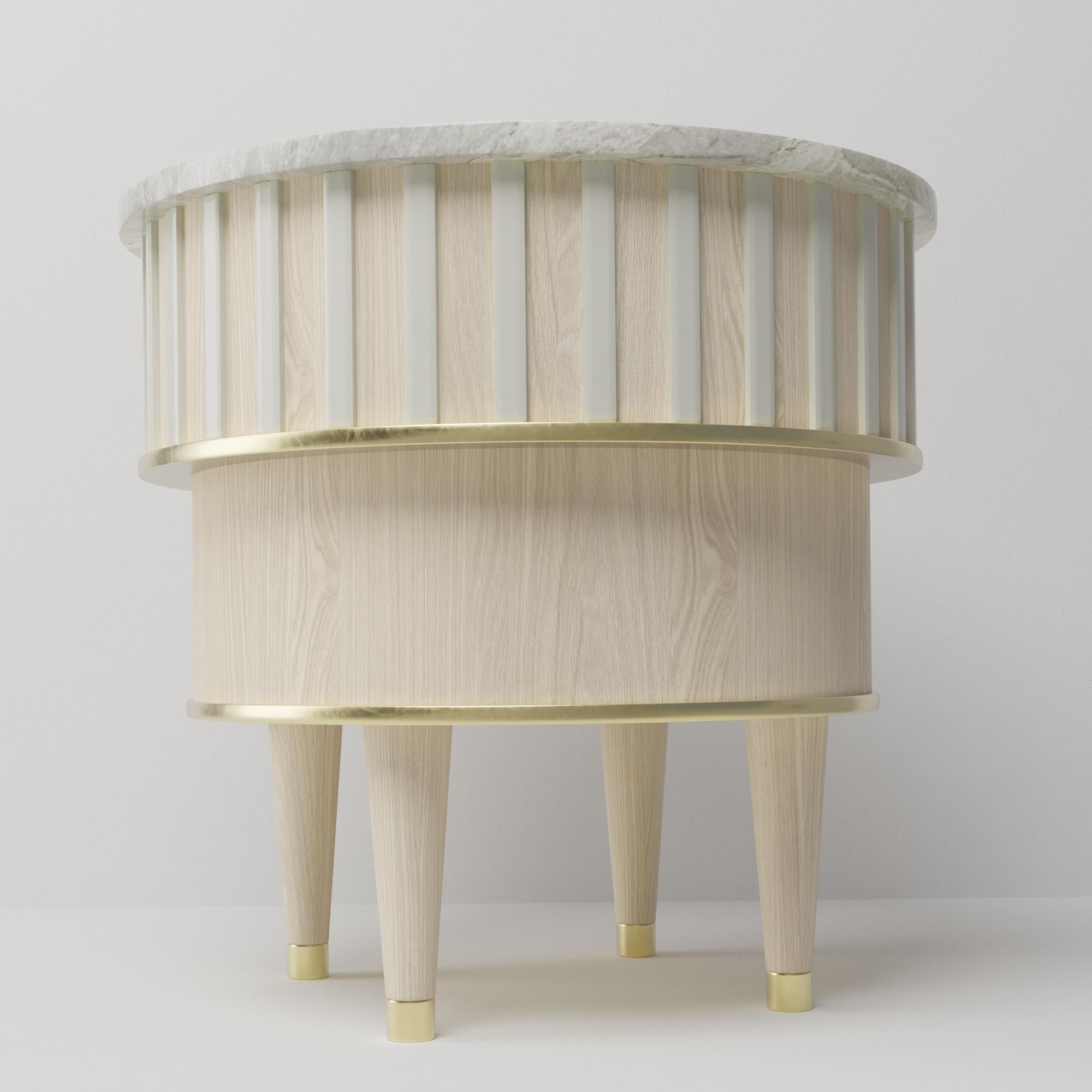 Organic Modern Greta Bleached Oak Brass Corian and White Onyx Side Table by Felice James For Sale