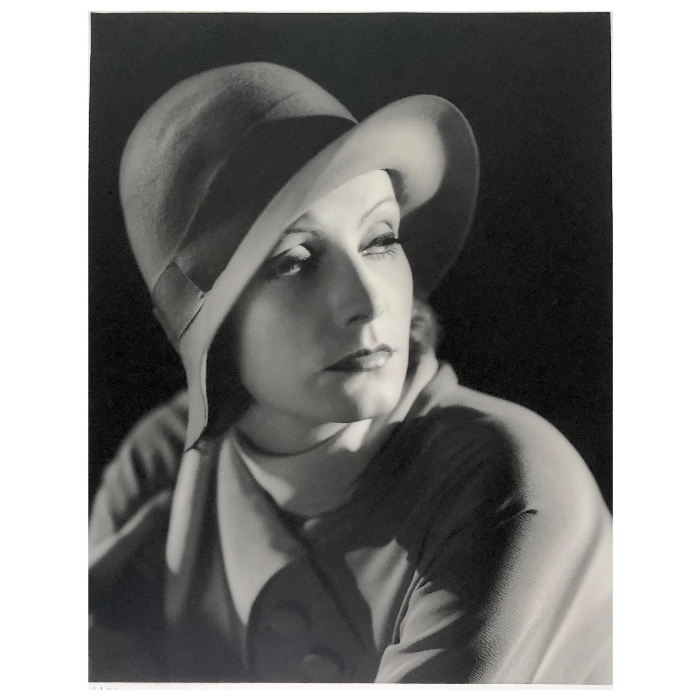 Actress Greta Garbo, Hollywood. Portrait with Hat. B & W Vintage photograph