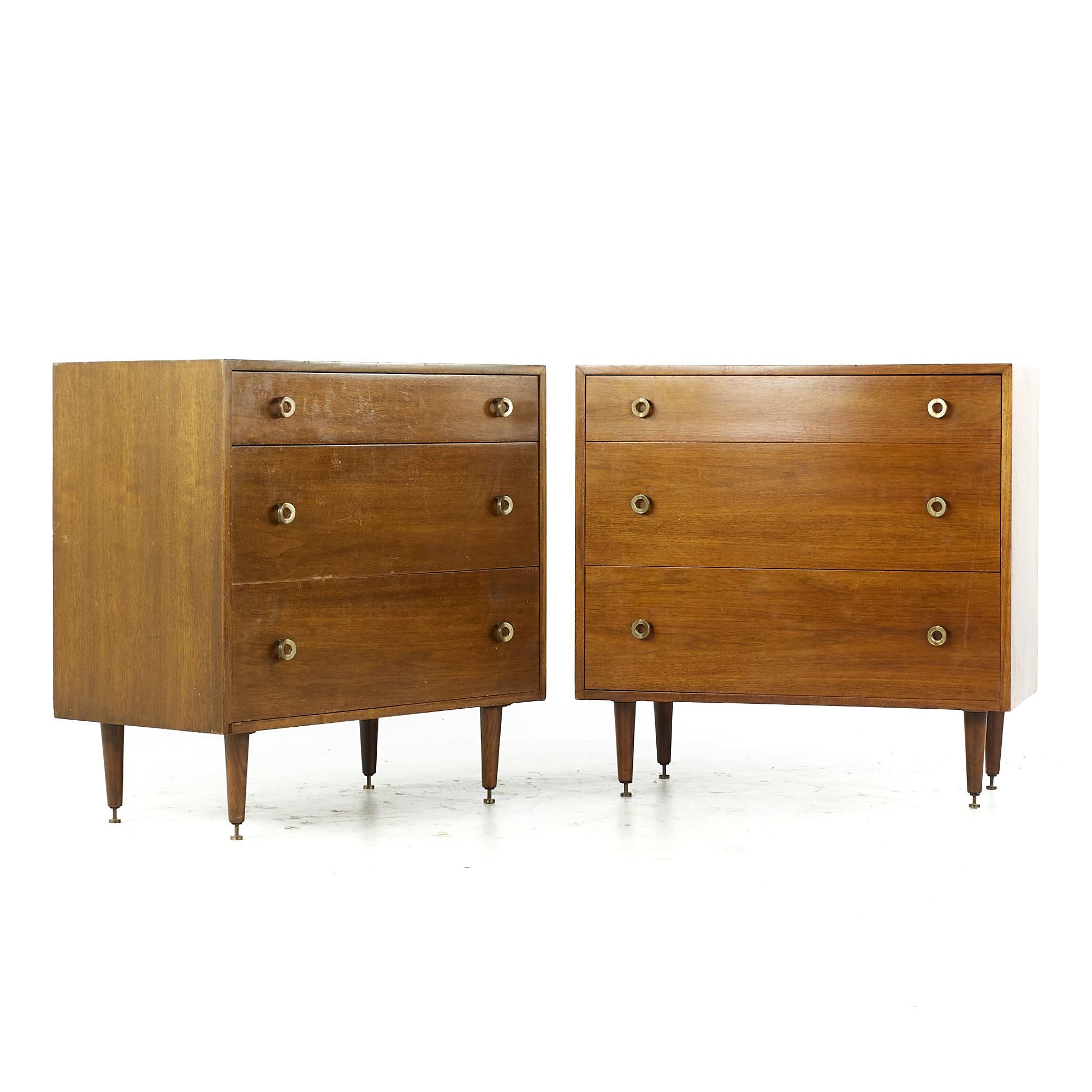 Greta Grossman for Glenn of California midcentury walnut 3 drawer chest - pair

Each chest measures: 32.75 wide x 18 deep x 32.75 inches high

All pieces of furniture can be had in what we call restored vintage condition. That means the piece is