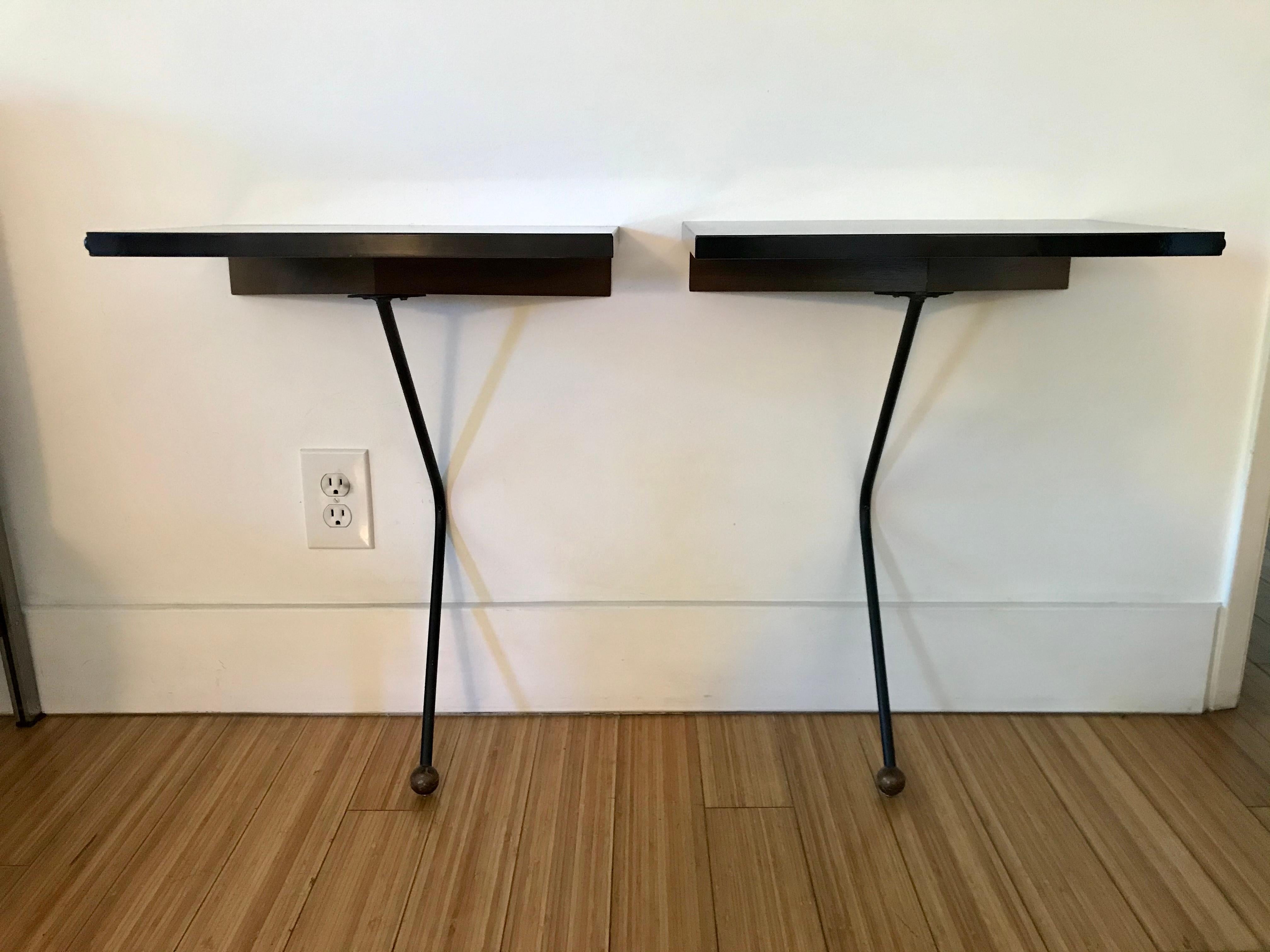 Metalwork Greta Grossman One Leg Iron End Tables for Headboard  For Sale