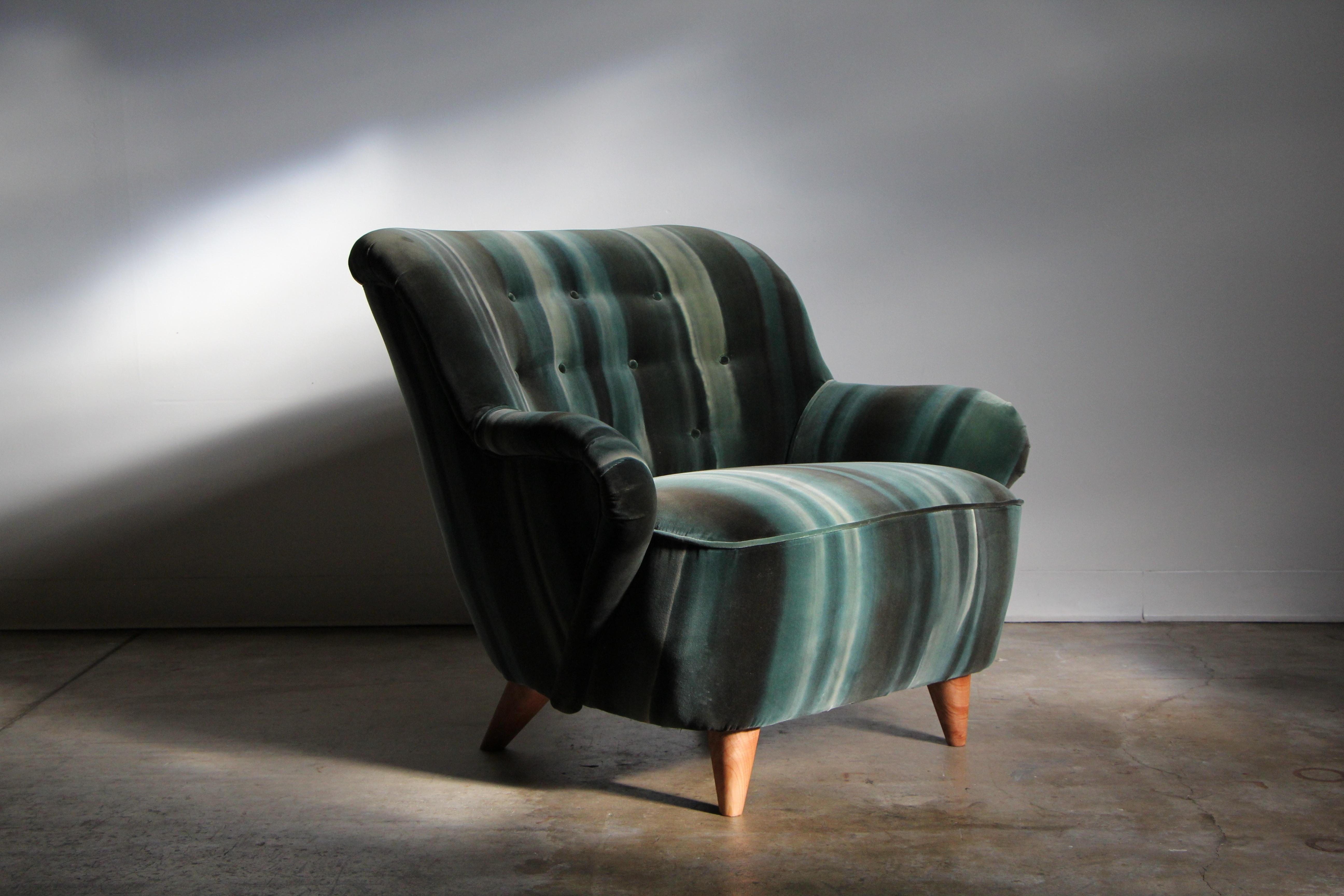 Mid-Century Modern Greta Grossman Rare Velvet Lounge Chair for Barker Brothers, 1940s For Sale