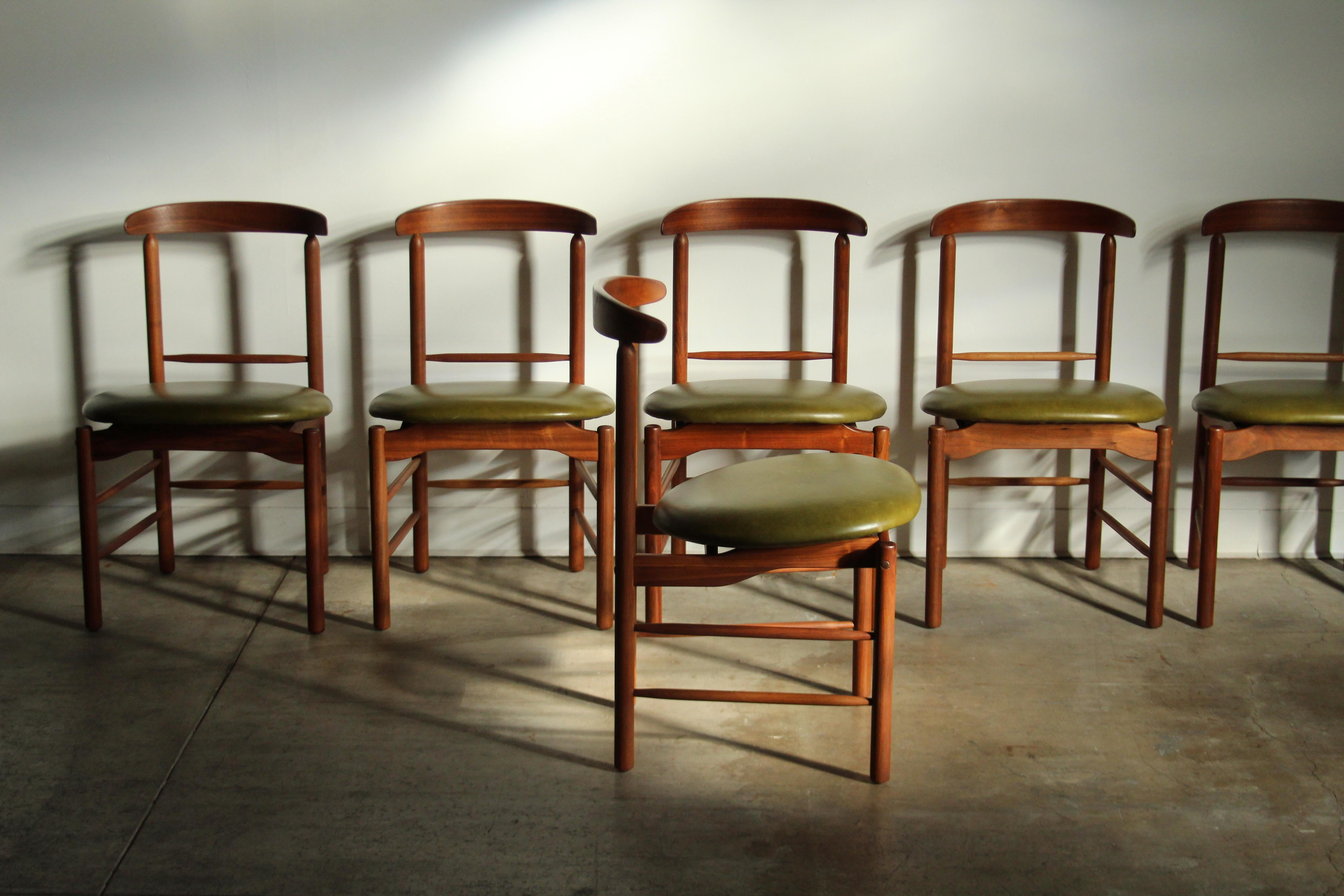 Mid-20th Century Greta Grossman Walnut and Leather Dining Chairs for Glenn of California, 1950s