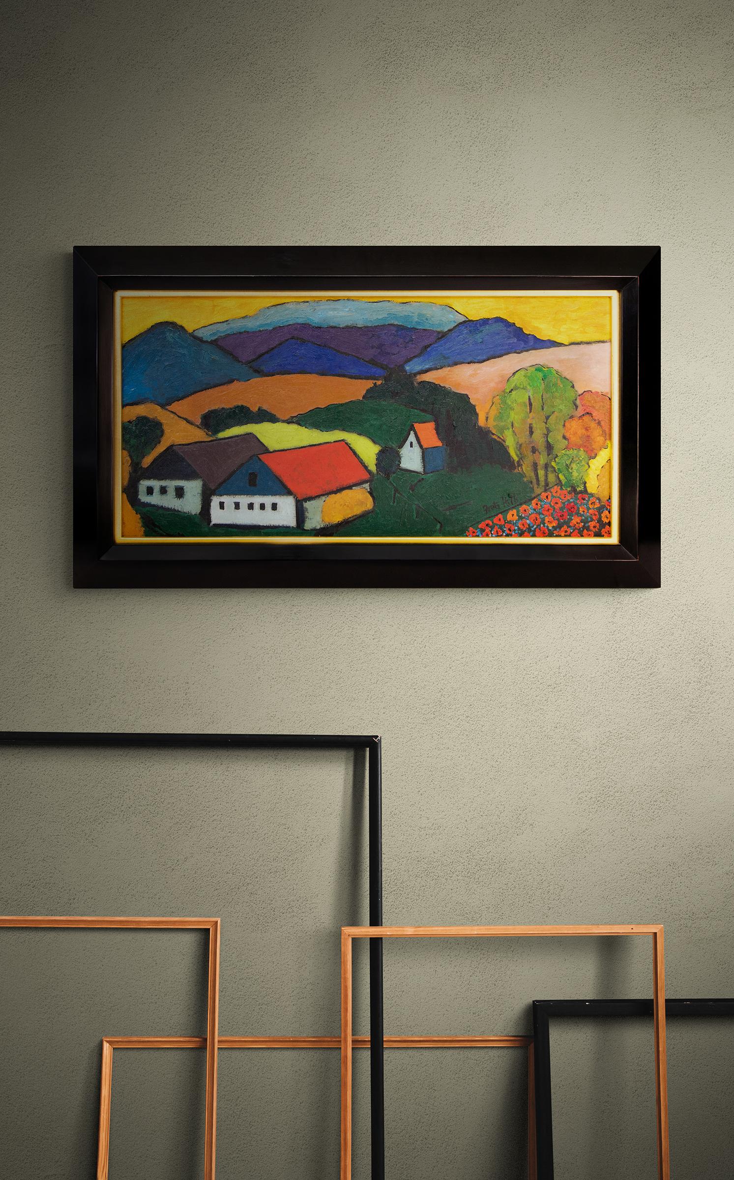 Framed Mountain Landscape, Cubist Modernist Oil Painting with Houses and Poppies 5