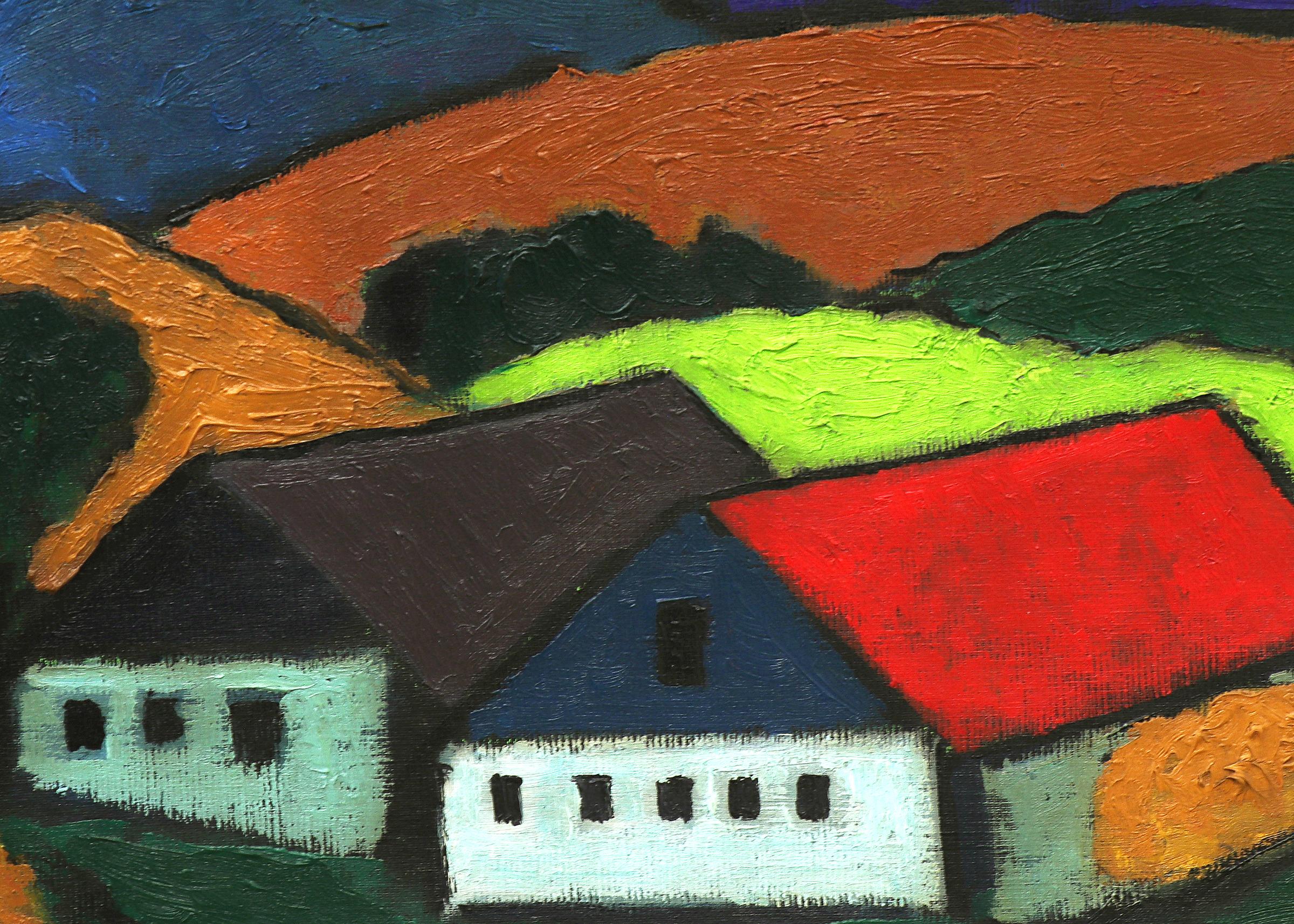 Oil on board painting by Greta Hilb of a cubist modern mountain landscape with houses and poppies. Presented in a custom black frame, outer dimensions measure 20 ¾ x 35 ¾ x 1 inches. Image size is 15 x 30 inches.

Painting is clean and in very good