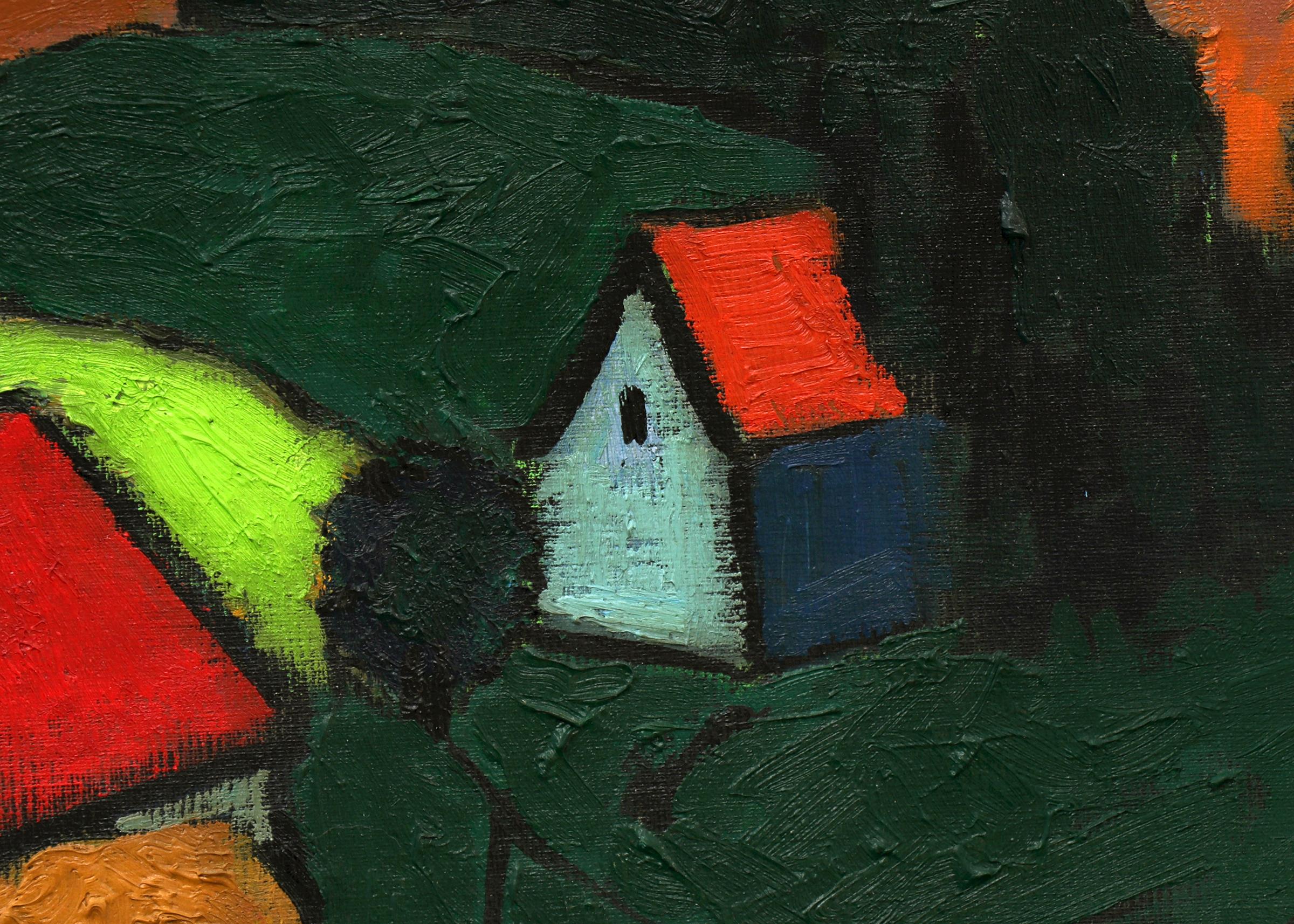 Framed Mountain Landscape, Cubist Modernist Oil Painting with Houses and Poppies 1