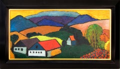 Paysage de montagne encadré, peinture à l'huile cubiste moderniste représentant des maisons et des papillons