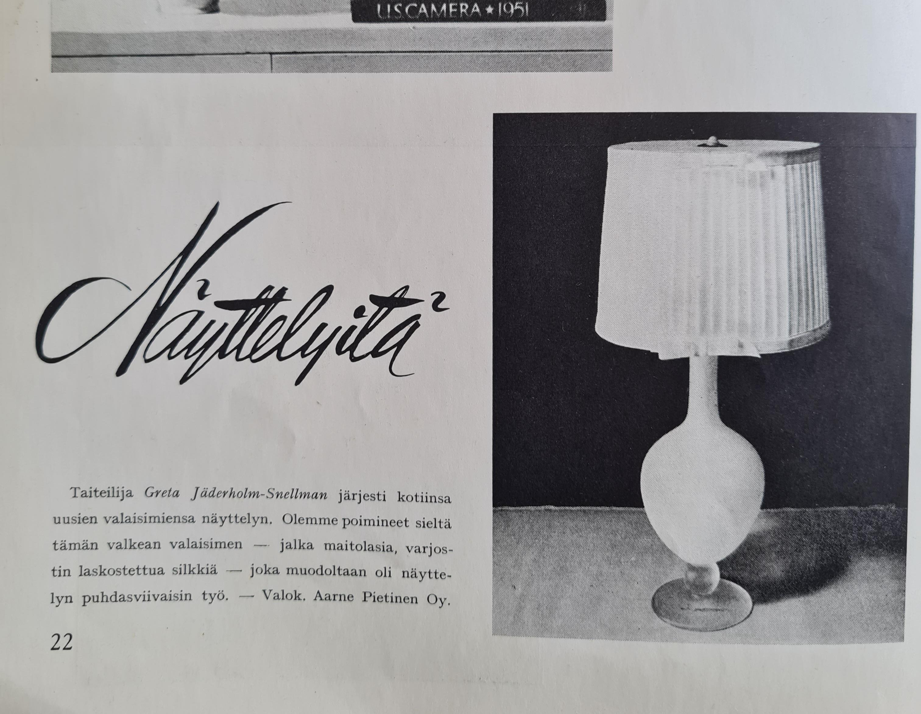 Greta Lisa Jäderholm-Snellman Table Lamp in Frosted Glass, Finland 1950s For Sale 1