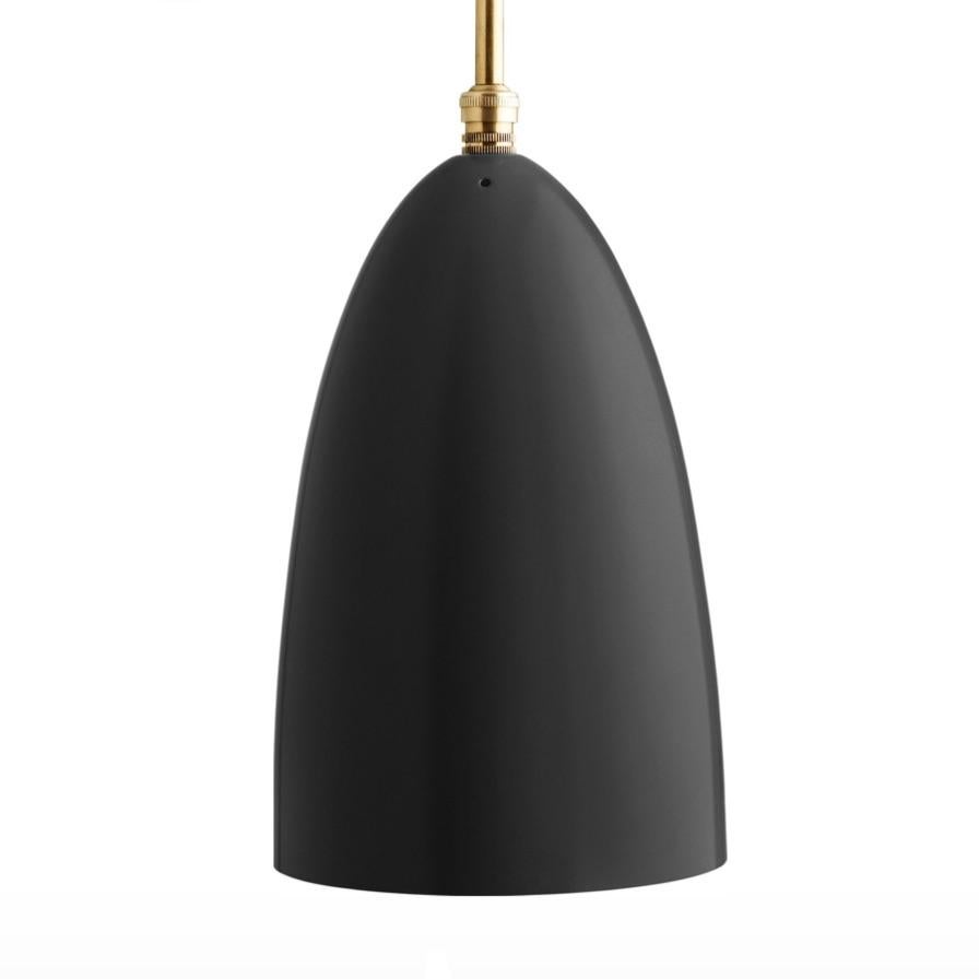 Greta Magnusson Grossman 'Grasshopper' pendant in black. Designed in 1947 by Grossman, this is an authorized re-edition by GUBI of Denmark who meticulously reproduces her work with scrupulous attention to detail and materials that are faithful to