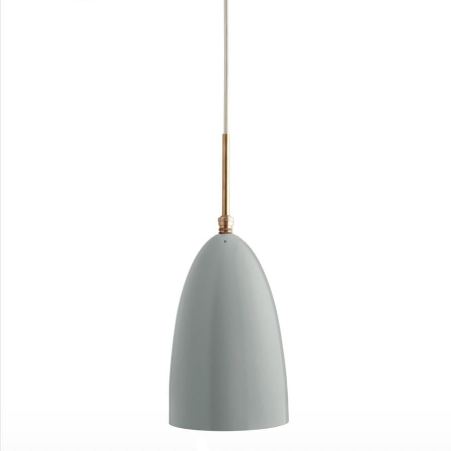 Greta Magnusson Grossman 'Grasshopper' pendant in Dusty blue. Designed in 1947 by Grossman, this is an authorized re-edition by GUBI of Denmark who meticulously reproduces her work with scrupulous attention to detail and materials that are faithful