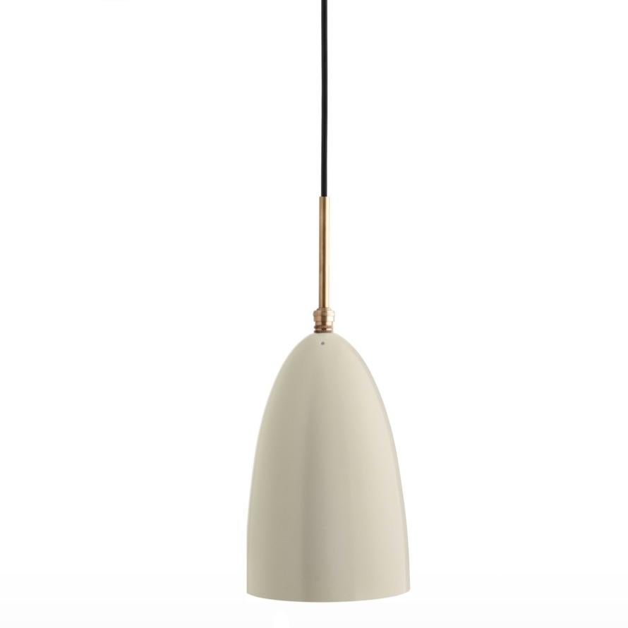 Greta Magnusson Grossman 'Grasshopper' pendant in oyster white. Designed in 1947 by Grossman, this is an authorized re-edition by GUBI of Denmark who meticulously reproduces her work with scrupulous attention to detail and materials that are