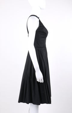 GRETA PLATTRY c.1950’s Midnight Black Pleated Sleeveless Fit N Flare Day Dress
