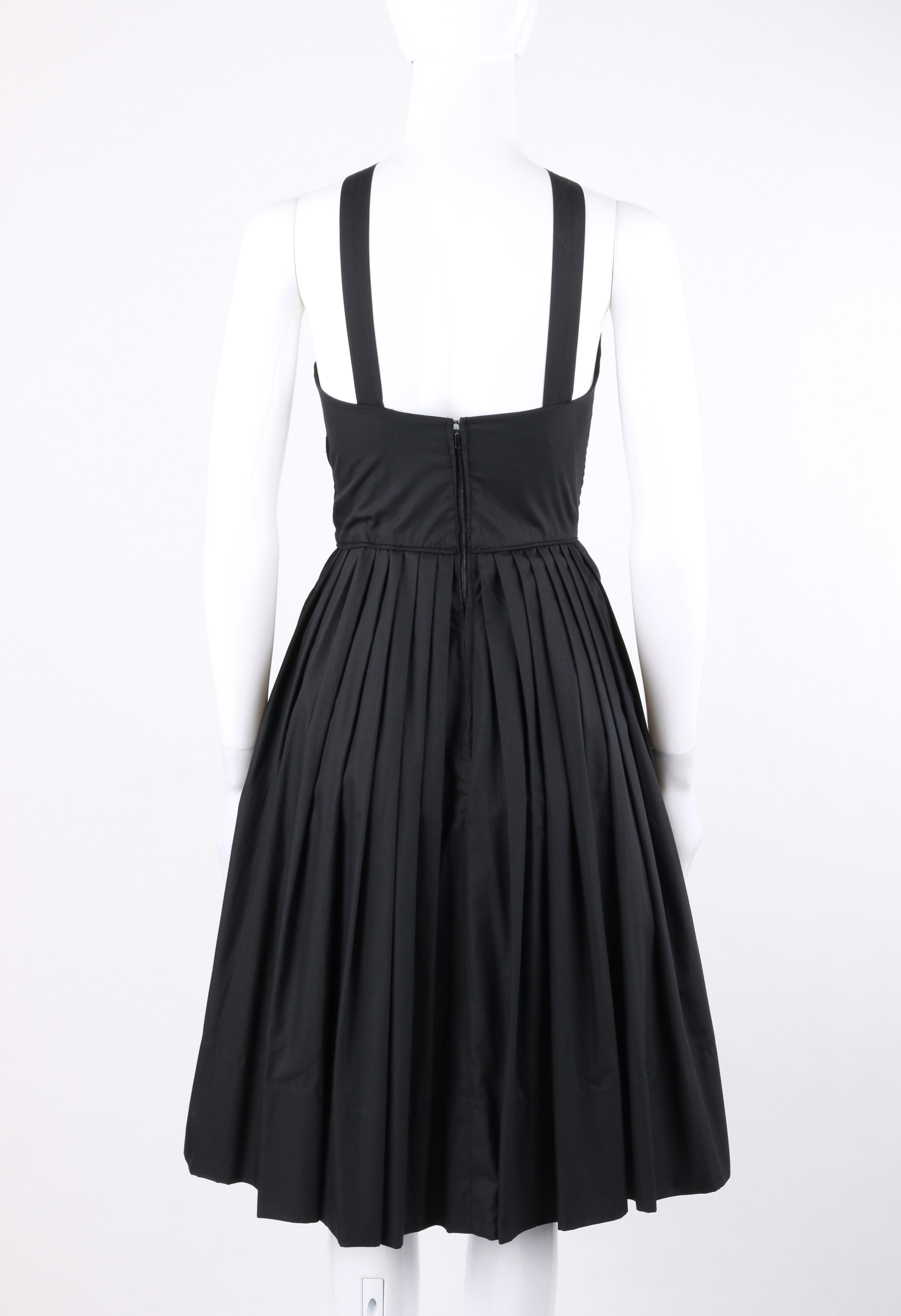 GRETA PLATTRY c.1950’s Midnight Black Pleated Sleeveless Fit N Flare Day Dress In Fair Condition For Sale In Thiensville, WI