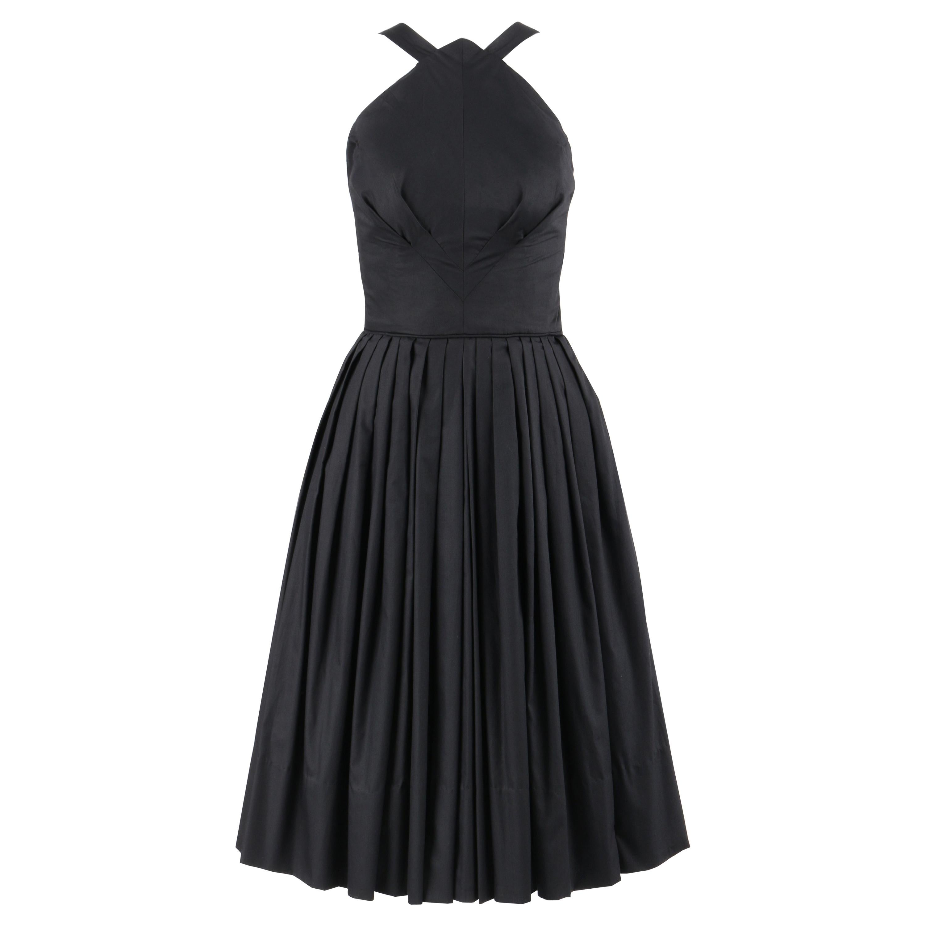 GRETA PLATTRY c.1950’s Midnight Black Pleated Sleeveless Fit N Flare Day Dress For Sale