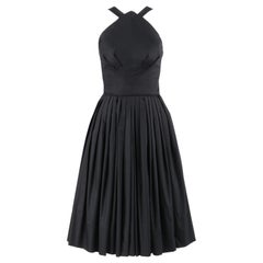 Vintage GRETA PLATTRY c.1950’s Midnight Black Pleated Sleeveless Fit N Flare Day Dress