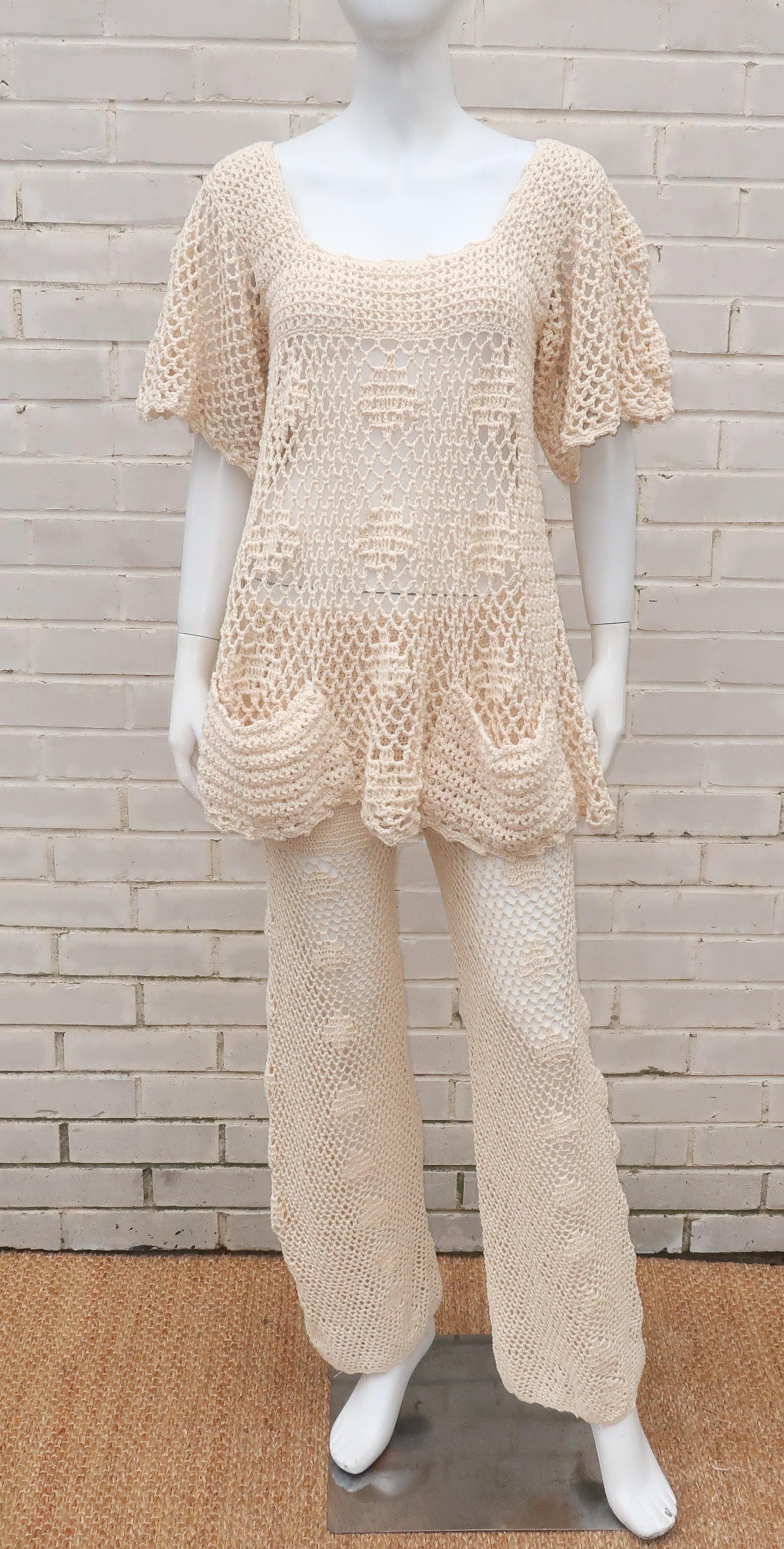 German-American designer, Greta Plattry, first became known in the fashion industry during the 1940's with her unique crocheted clothing and accessories sold through Saks Fifth Avenue.  This two piece 1960's ensemble consisting of top and pants has