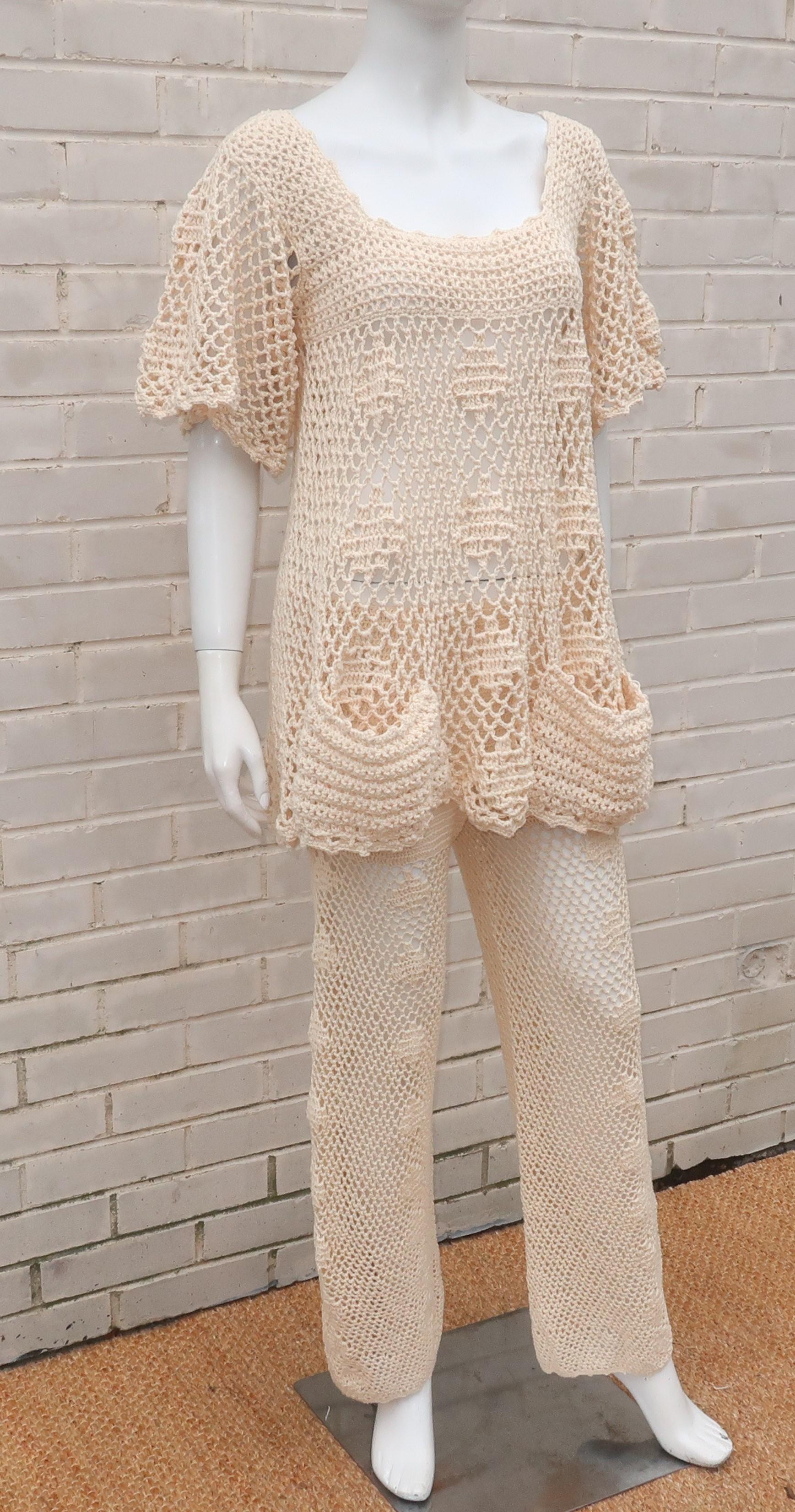 Beige Greta Plattry Crochet Cotton Knit Pant Suit, 1960's