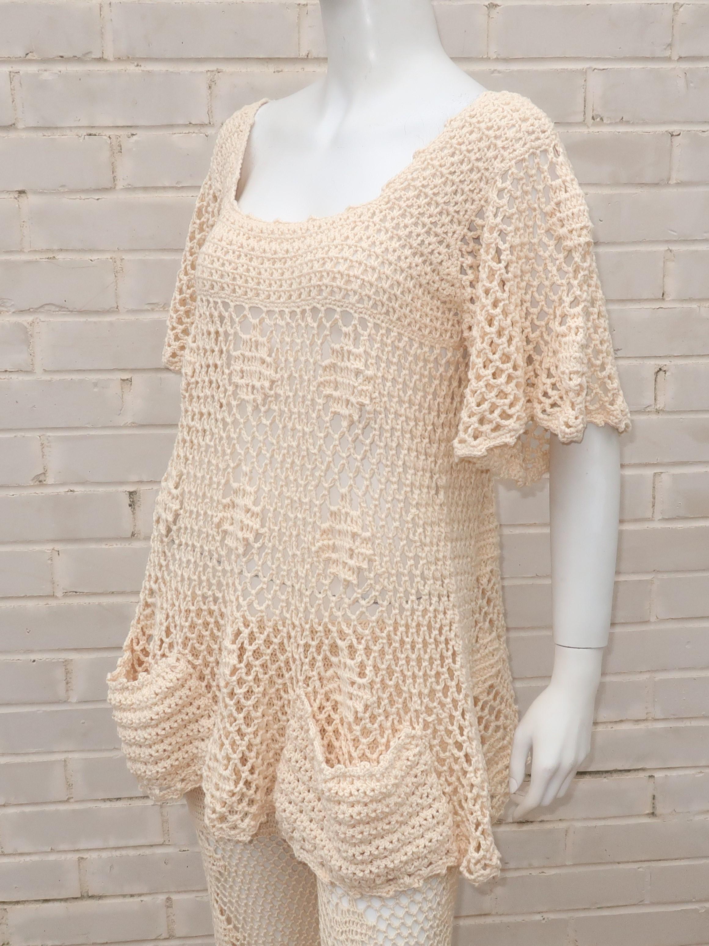 Greta Plattry Crochet Cotton Knit Pant Suit, 1960's In Good Condition In Atlanta, GA