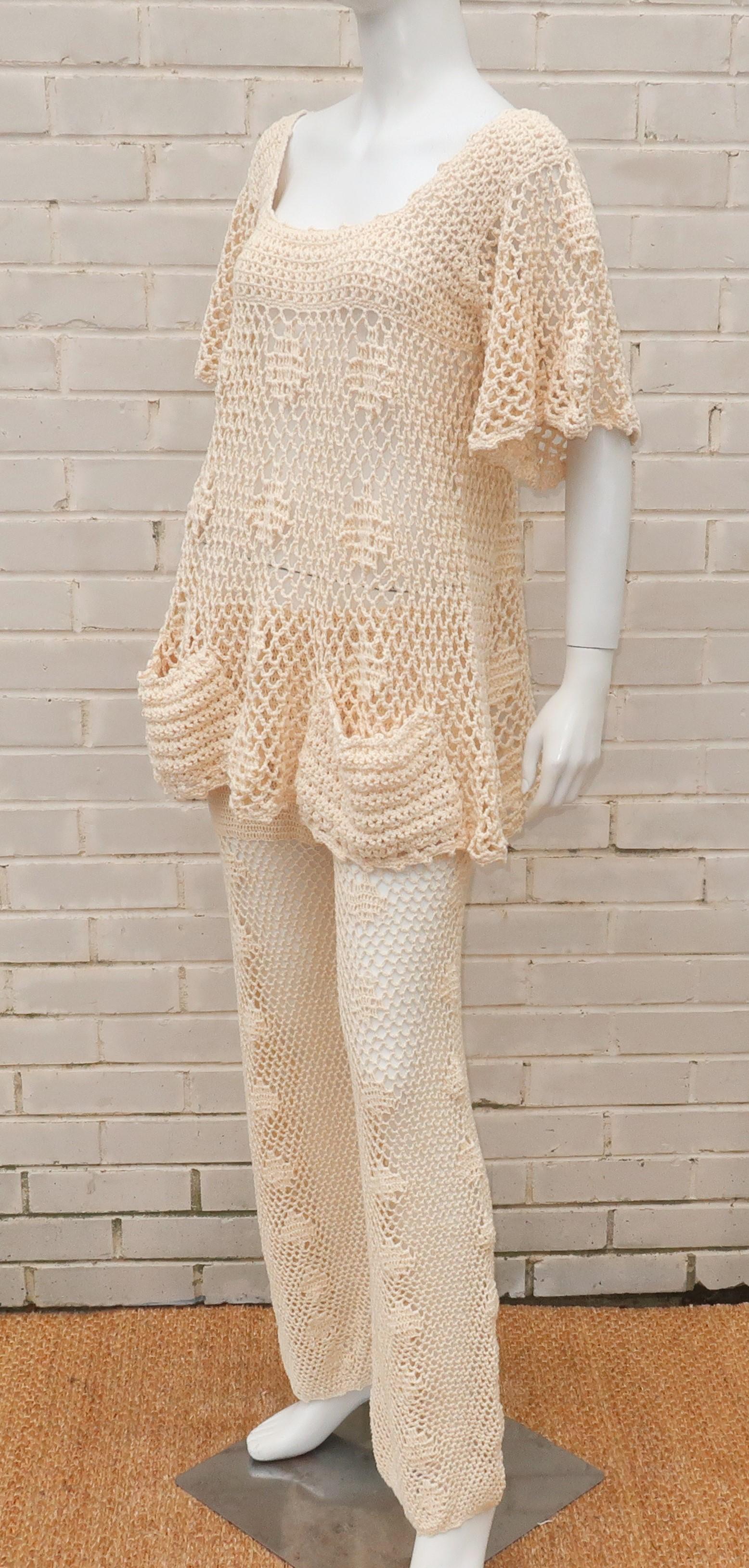 Women's Greta Plattry Crochet Cotton Knit Pant Suit, 1960's