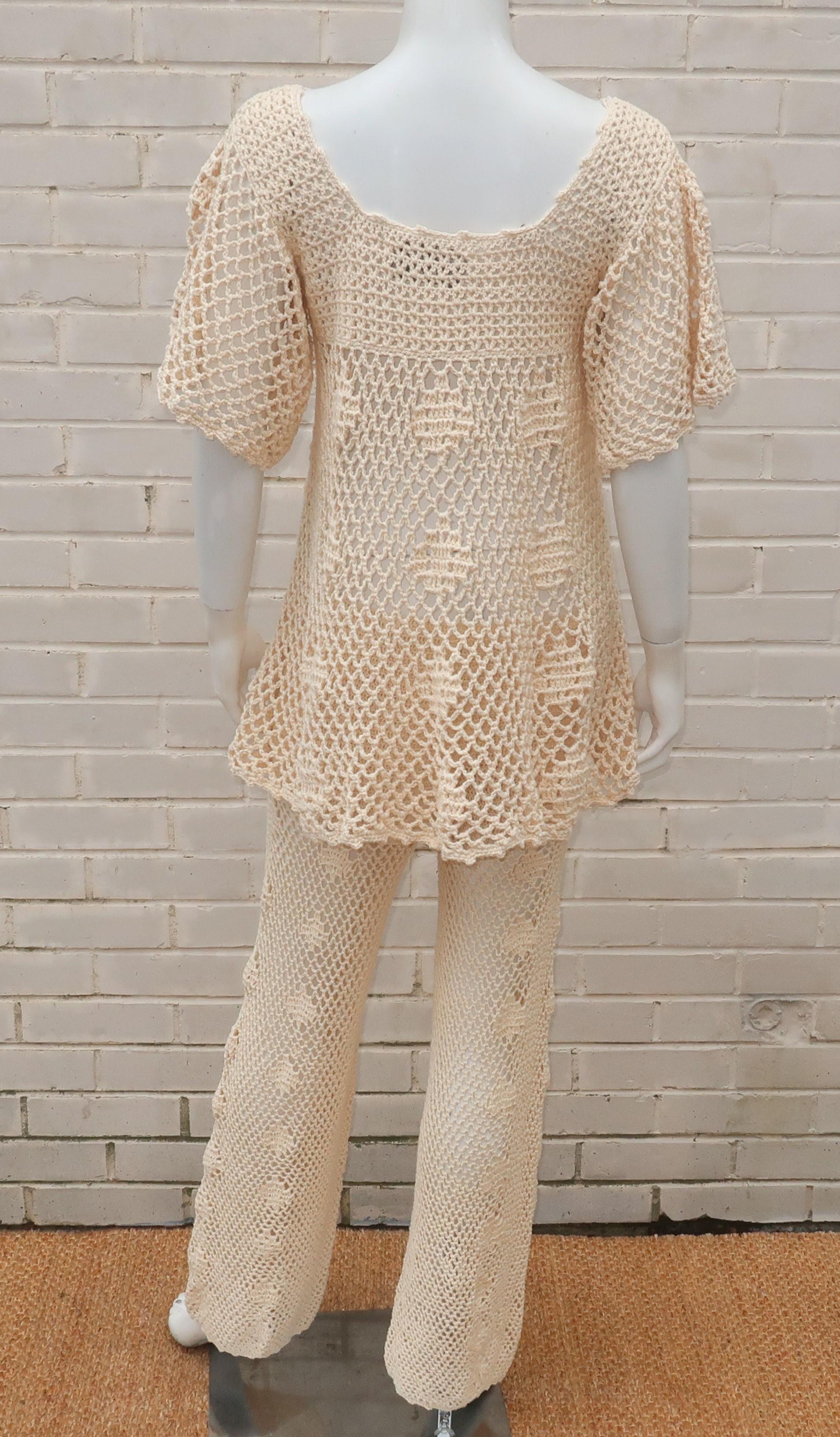 Greta Plattry Crochet Cotton Knit Pant Suit, 1960's 1
