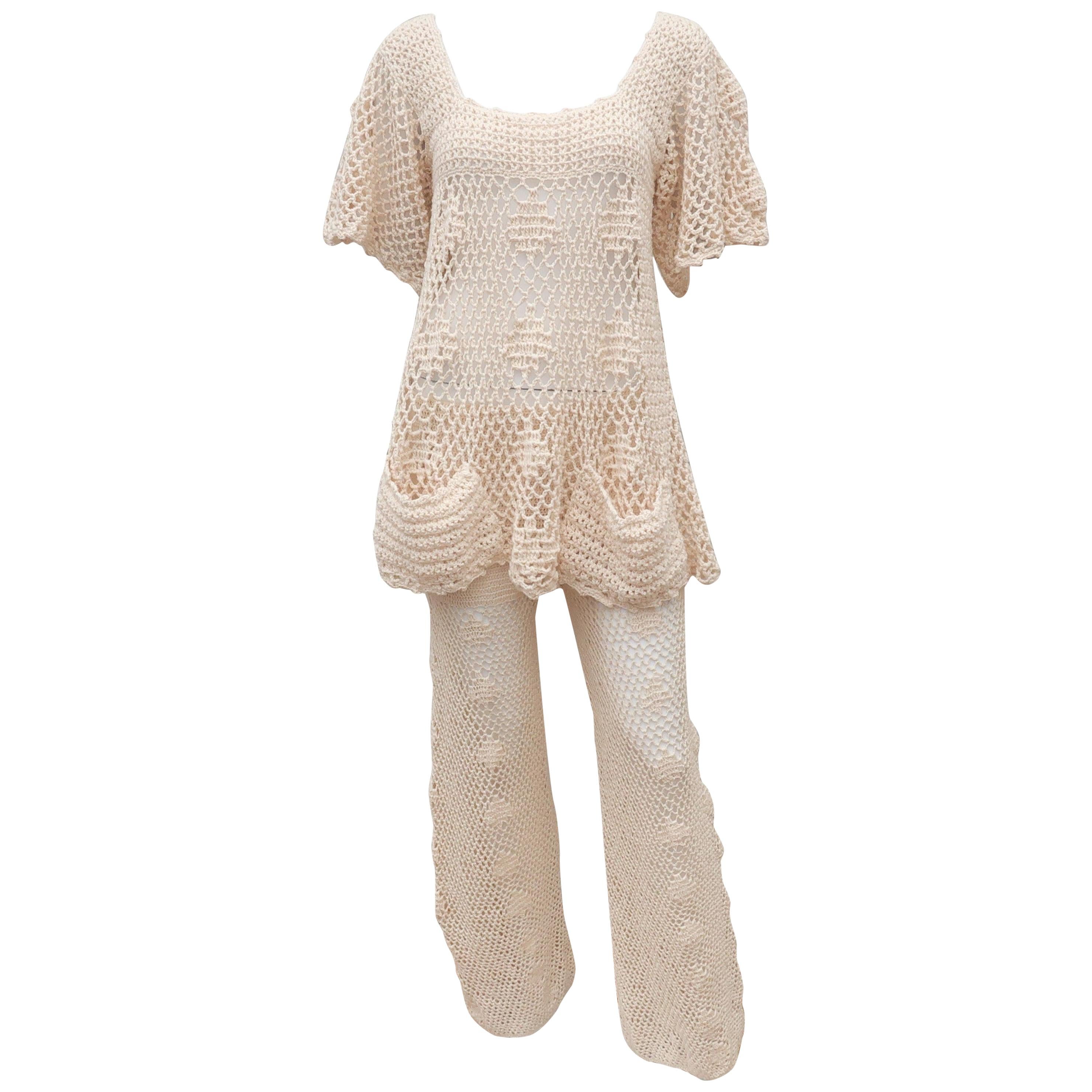 Greta Plattry Crochet Cotton Knit Pant Suit, 1960's