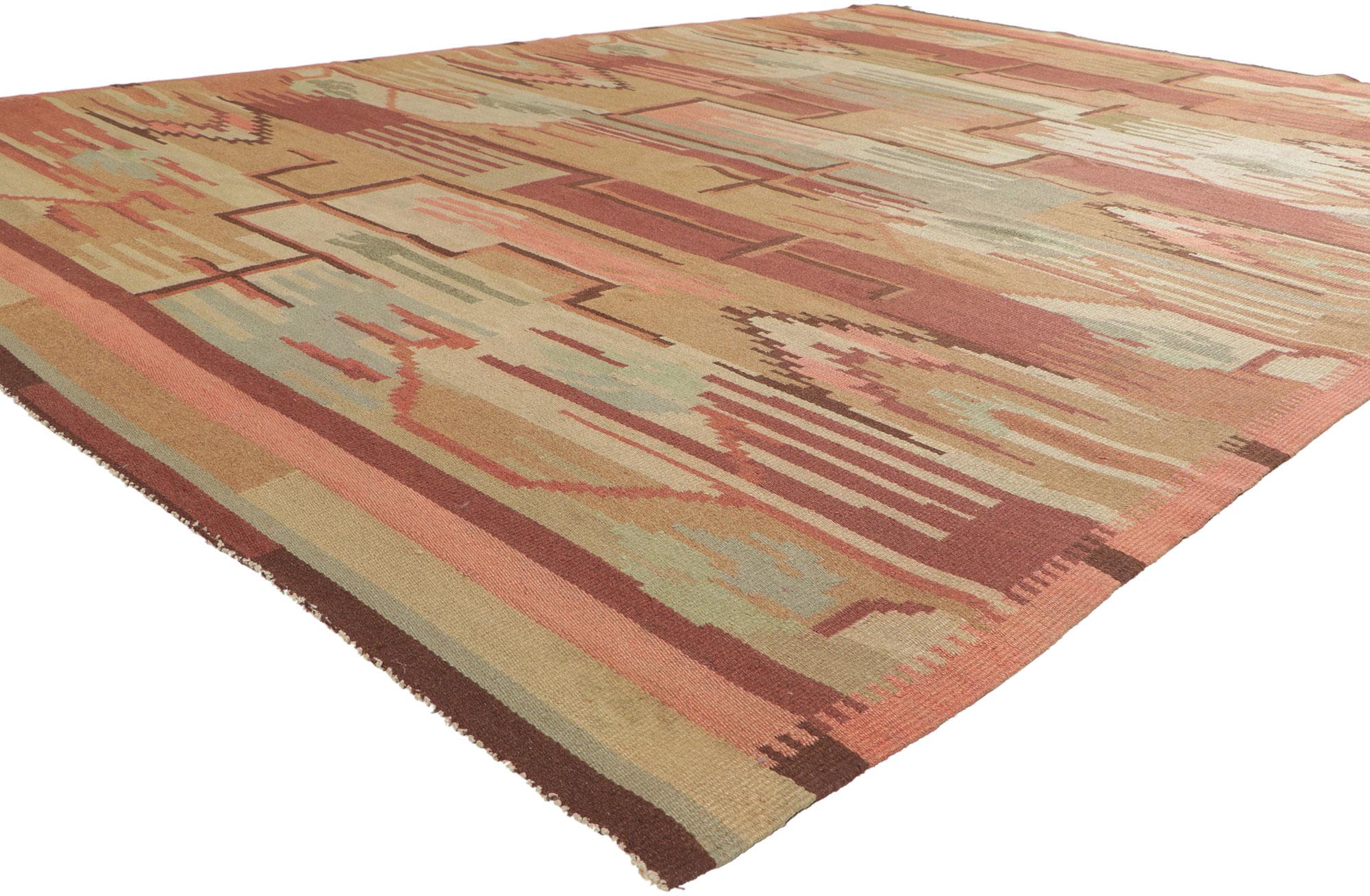 78465 Greta Skogster-Lehtinen Finnish Flatweave Rug, 07'11 x 11'01. Bauhaus simplicity meets stylized Art Deco in this handwoven Finnish flatweave rug. The eye-catching geometric design and earthy colorway woven into this piece work together