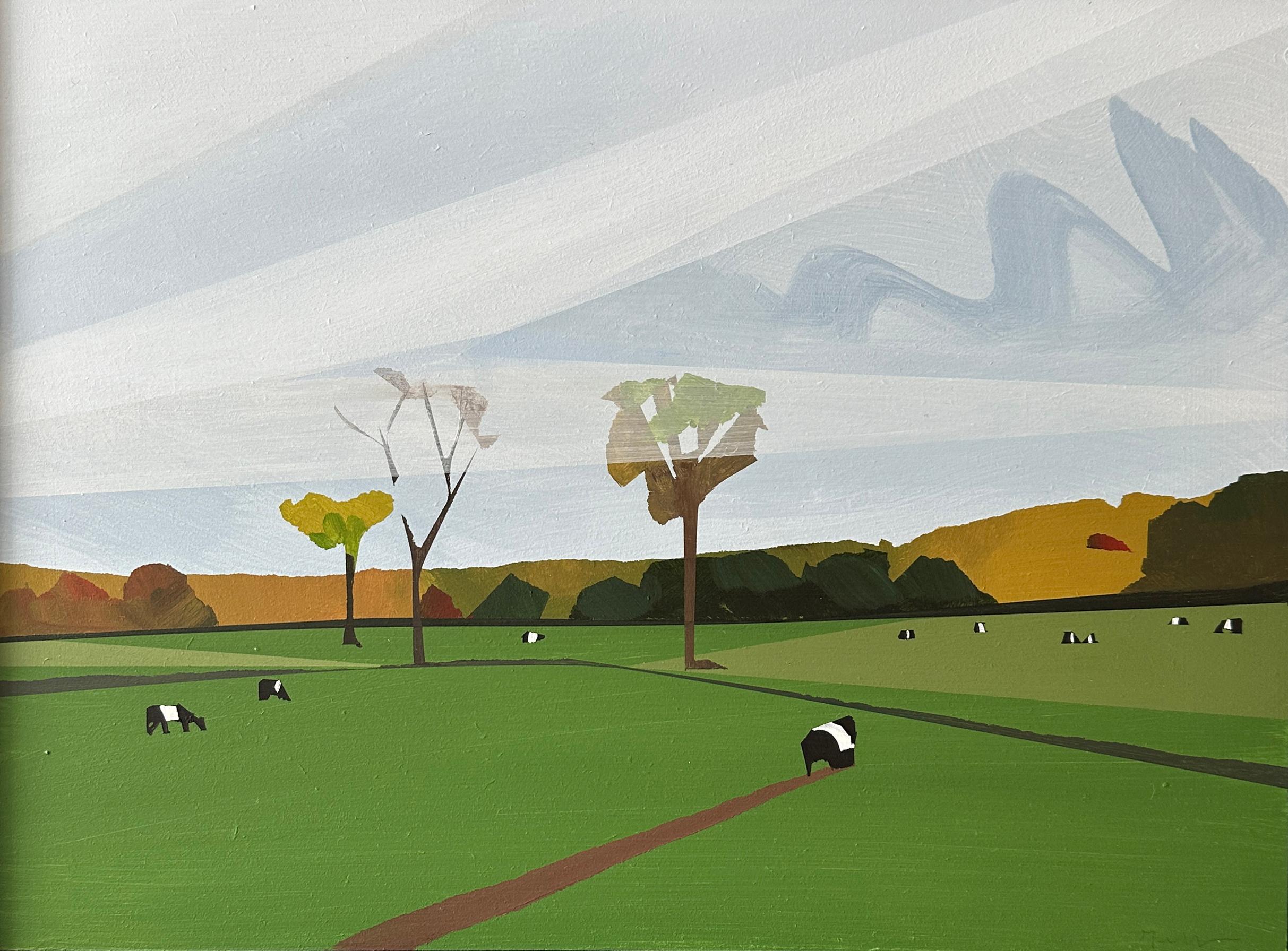 Greta Van Campen Landscape Painting – Galloways Grazing mit Gürtel
