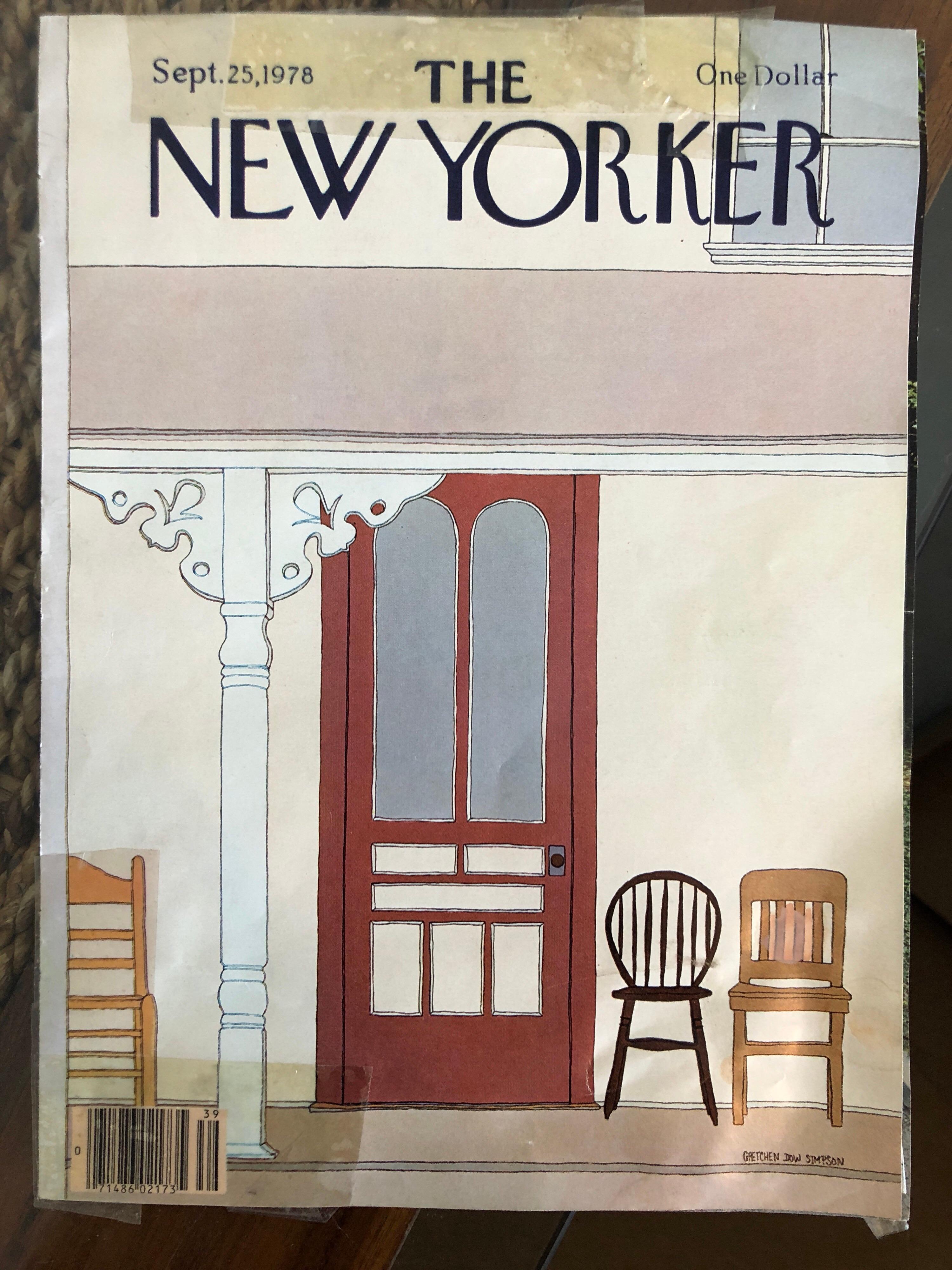 New Yorker magazine Cover Oil Painting New England Porch Scene - Brown Landscape Painting by Gretchen Dow Simpson