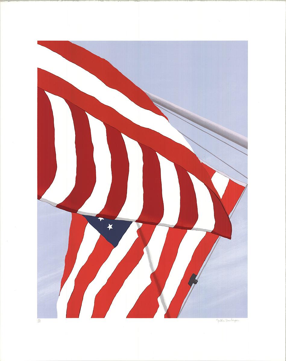 Dieser exquisite 11-Farben-Siebdruck mit dem Titel "Flags" stammt von der bekannten Künstlerin Gretchen Dow Simpson und wurde von Pamplemousse Press gedruckt. Handsigniert, betitelt und nummeriert in einer Auflage von 125 Exemplaren, spiegelt dieses
