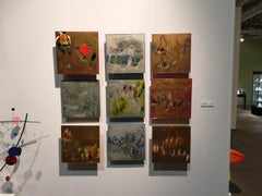 Installation de 9 panneaux en feuilles d'or et d'argent de peintures de personnes - Morning Walk