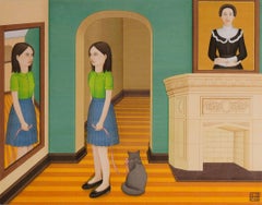 Pretty Kitty, Late 20th Century Surreal Painting of Woman w/ Cat