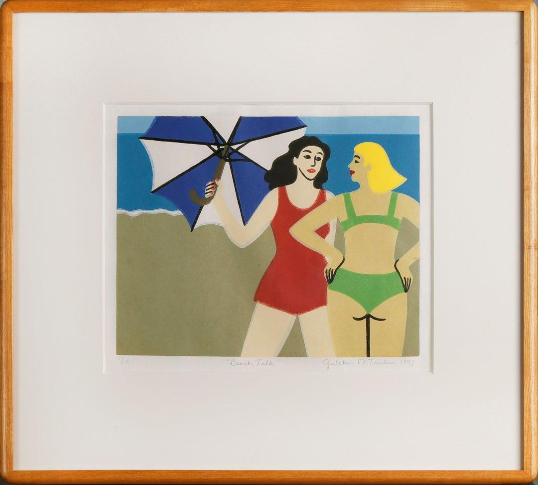 Beach Talk Scene, Late 20th Century Vibrant Print by Cleveland Artist - Brown Figurative Print by Gretchen Oldfather Troibner