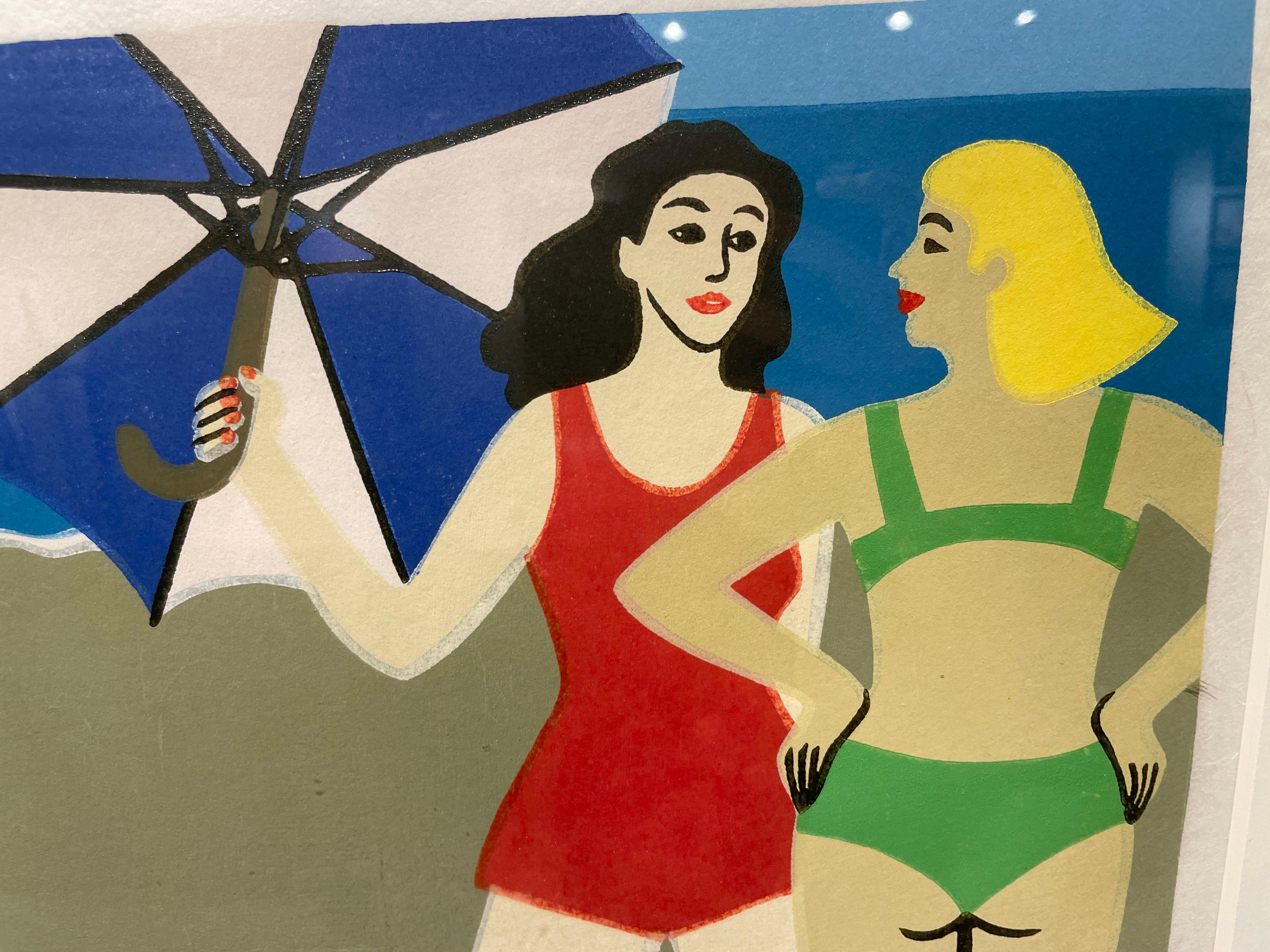 Beach Talk Scene, Late 20th Century Vibrant Print by Cleveland Artist For Sale 5