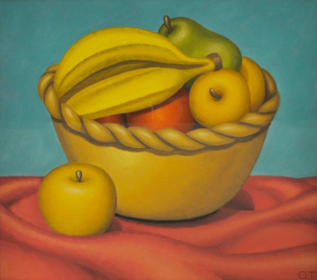Gretchen Troibner Figurative Painting - Late 20th Century Still Life of Fruit Bowl w/ Bananas, Apples, Pears