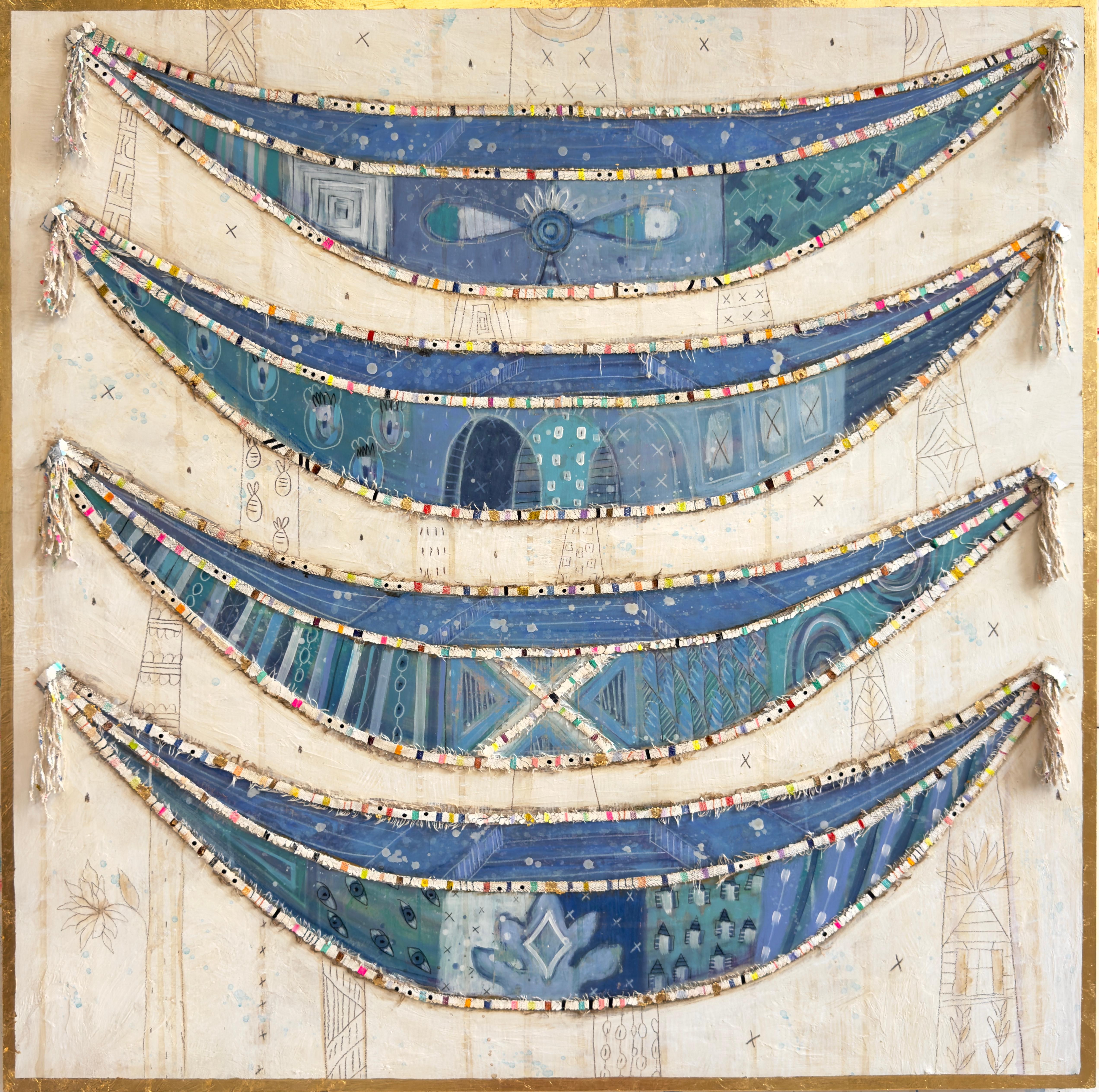 "Close to Shore" four symbolic blue boats, surreal, ladders, floating, mystical - Mixed Media Art by Gretchen Weller Howard