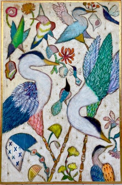 „First Blooming“ – bunte Vögel, Reiher, Pilze, Blumen, surreal, fröhlich