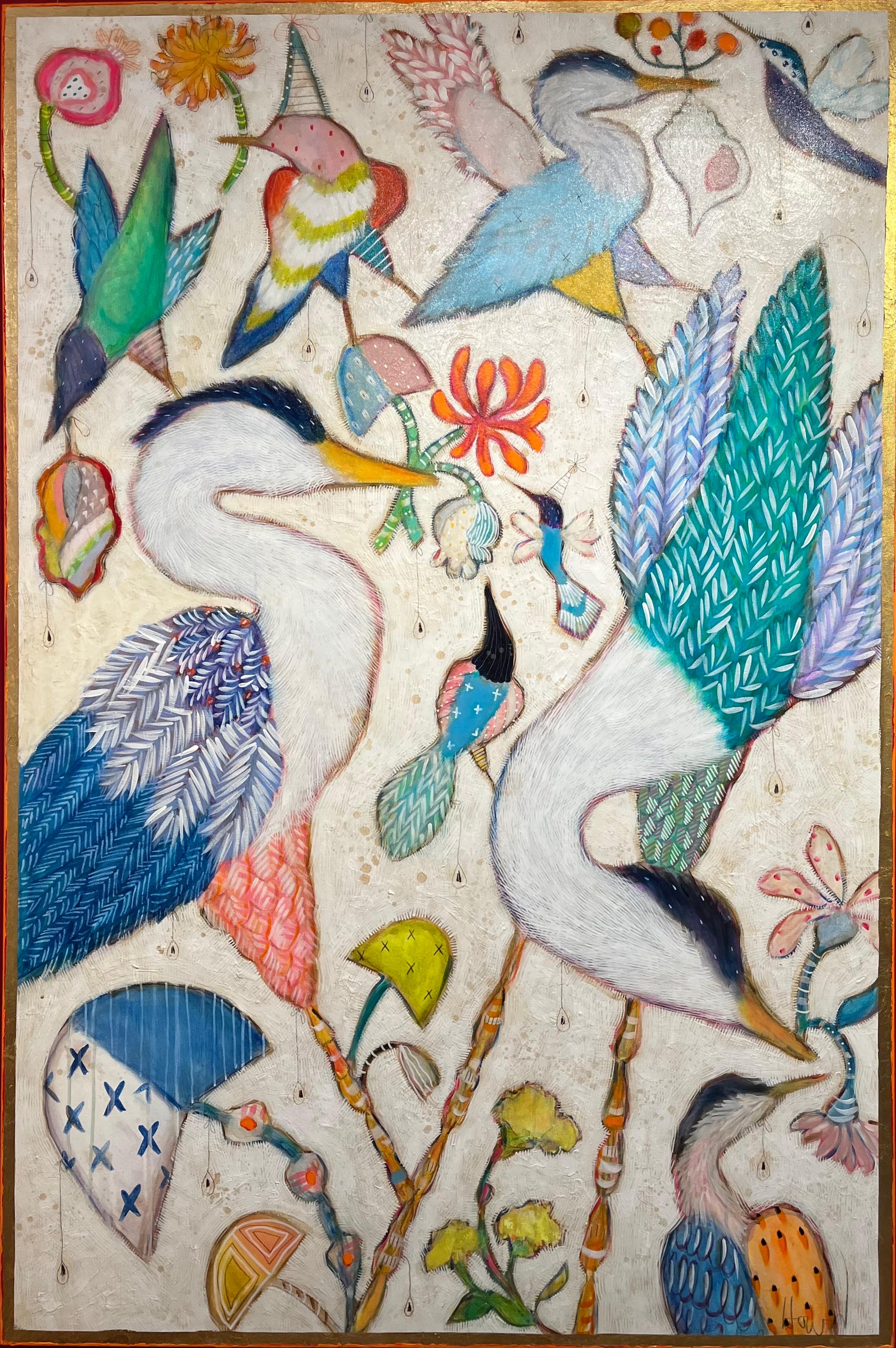 "First Blooming": uccelli colorati, aironi, funghi, fiori, surreale, allegro