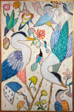 «Primera floración»: pájaros de colores, garzas, setas, flores, surrealista, alegre