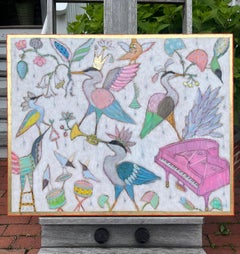 "First Note" white heron, pink piano, gold leaf, fine line, celebration, crowns