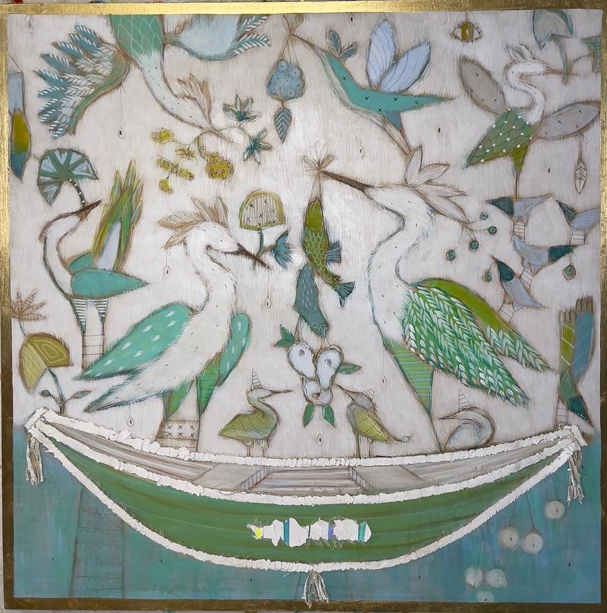 "Fragmente des Sommers" Blaue und grüne Buntstift- und Acrylbilder von Vögeln