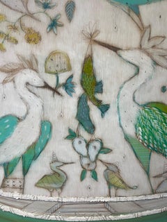 "Fragments of Summer" Blue and green painting of birds on a boat, symbolism