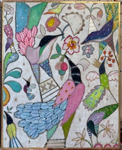 "Hibiskus I und II" Diptychon, Boote, bunte Vögel, tropisch, Blattgold, fröhlich