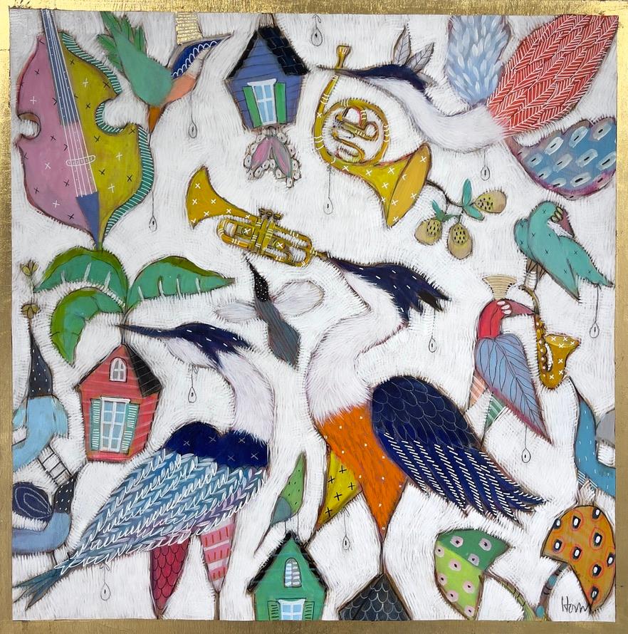 "Let's Play" Bunte Bleistift-, Acryl- und Kartonmalerei von Vögeln und Trompeten – Mixed Media Art von Gretchen Weller Howard