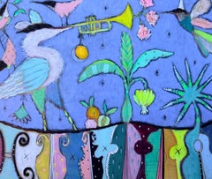 "Sunset Serenade" white heron, trumpet, oranges, new orleans, violet blues, joy