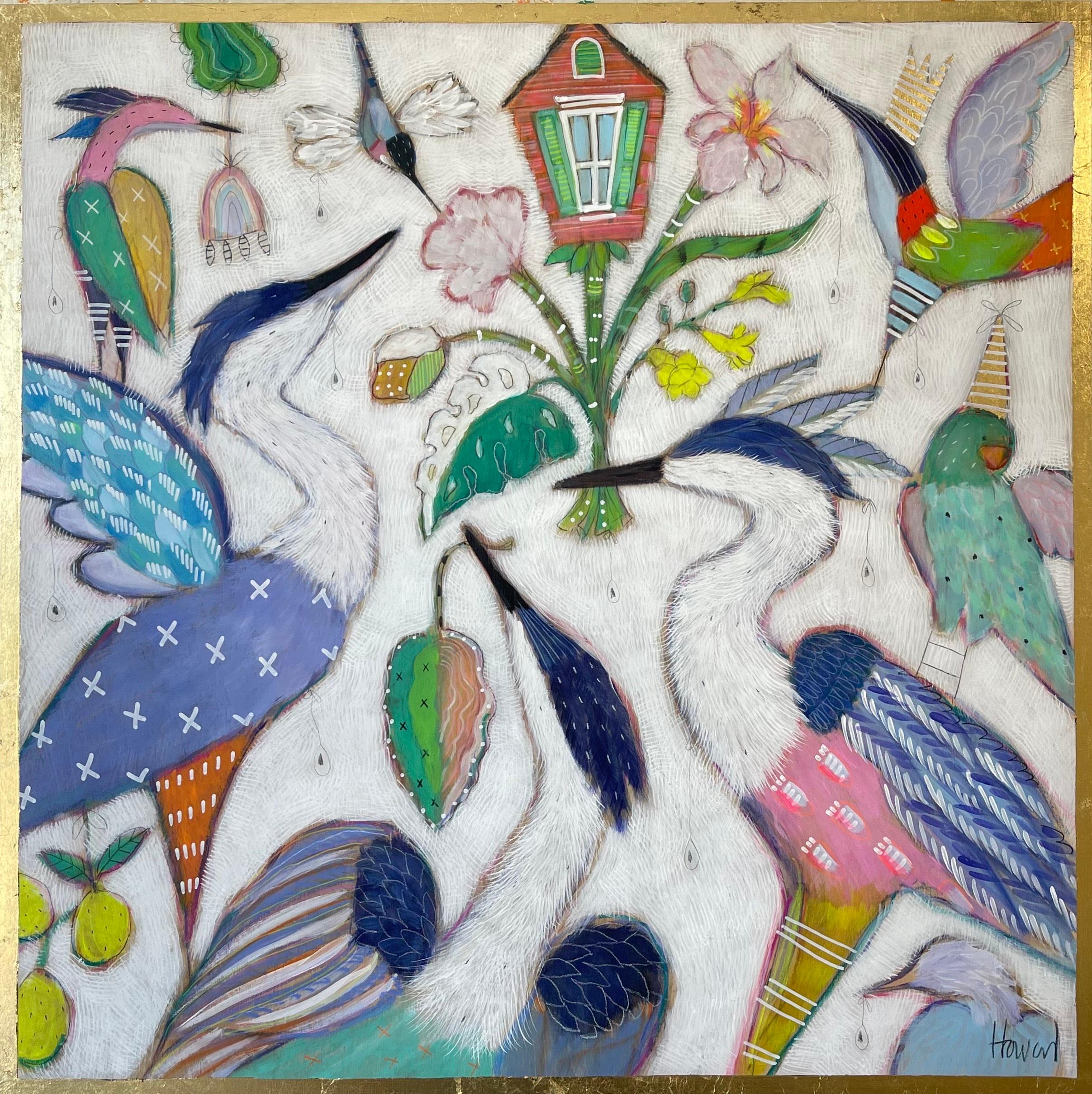 Gretchen Weller-Howard Animal Painting – "Home Again" - farbenfrohe Kraniche erheben natürliche Blumen und Vogelhäuser