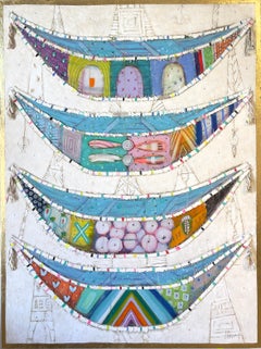 "Nel grande schema delle cose" barche colorate su sfondo bianco con oro