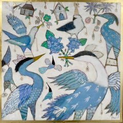 "The Pearl" blue birds decorated with flowers, gems, party hats and gold leaf