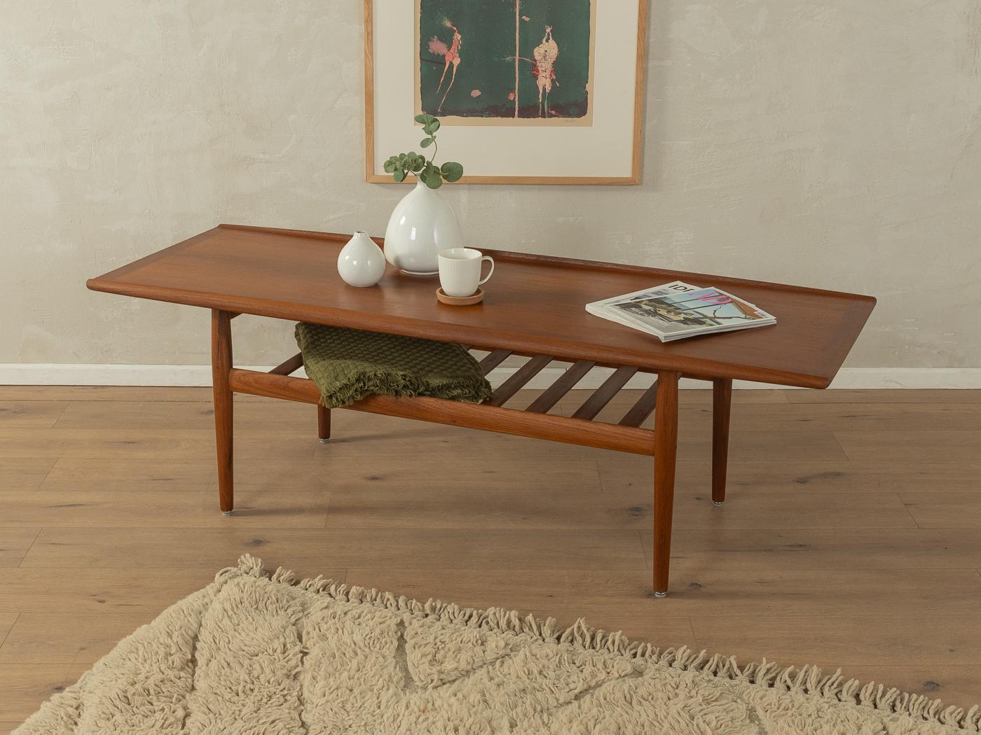 Mesa de centro clásica de los años 60, de Grete Jalk para Glostrup. Armazón macizo de teca y tablero chapado en teca con borde de madera maciza. Fabricado en Dinamarca.

Características de calidad:
diseño logrado: proporciones perfectas y visible